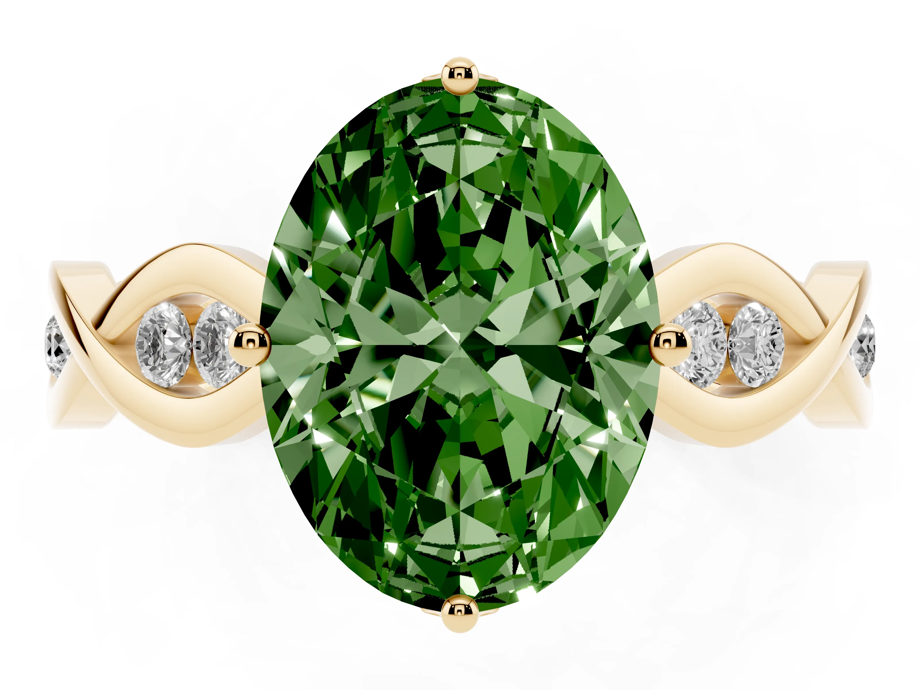 Fancy Green Oval Cut Diamond Twist Band Solitaire Ring Set in Yellow gold with Leaf Prong Setting and Accent Stones