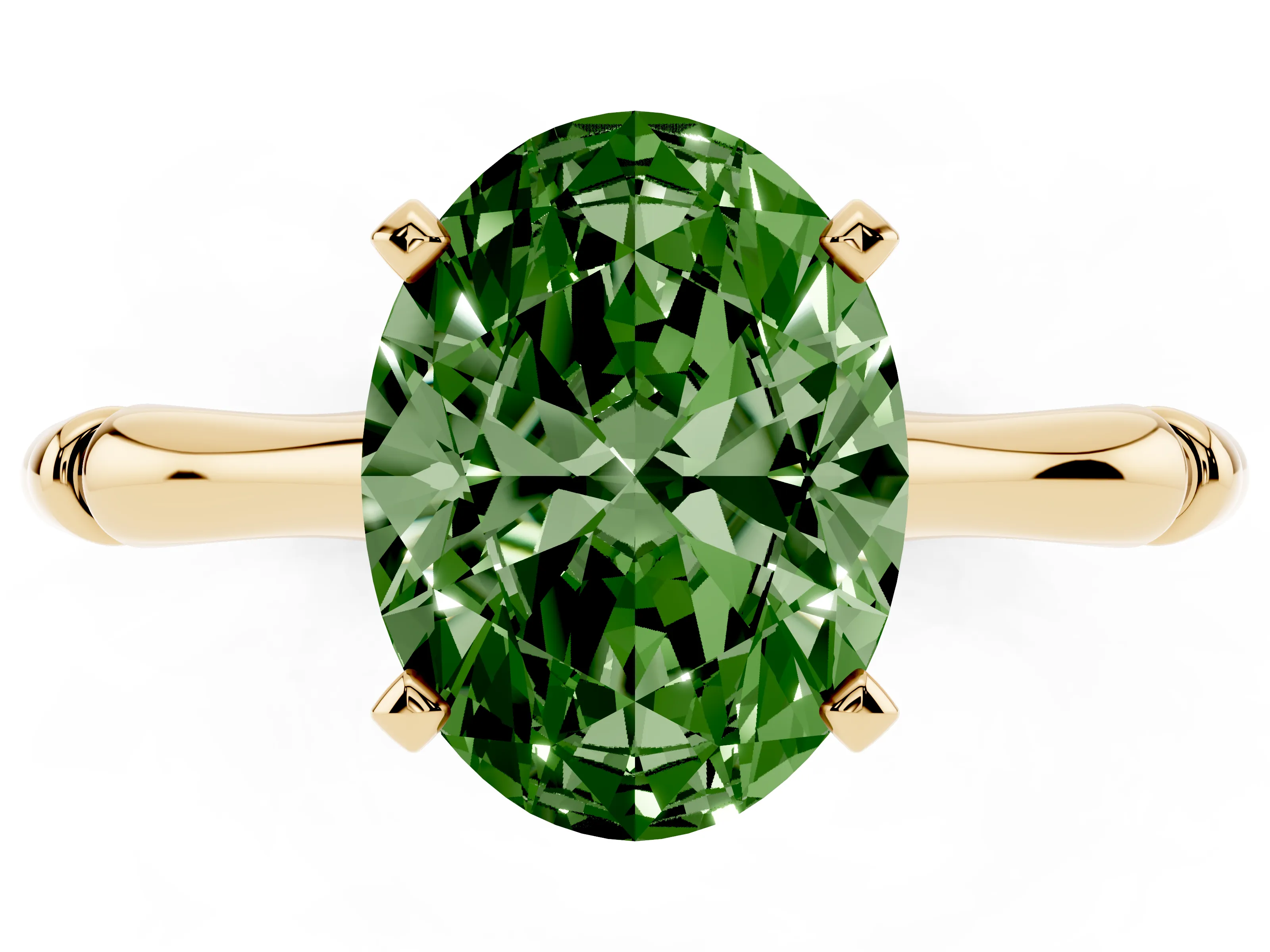 Fancy Green Oval Cut Diamond Solitaire Ring Set in Yellow gold with Bamboo Band and Prong Setting
