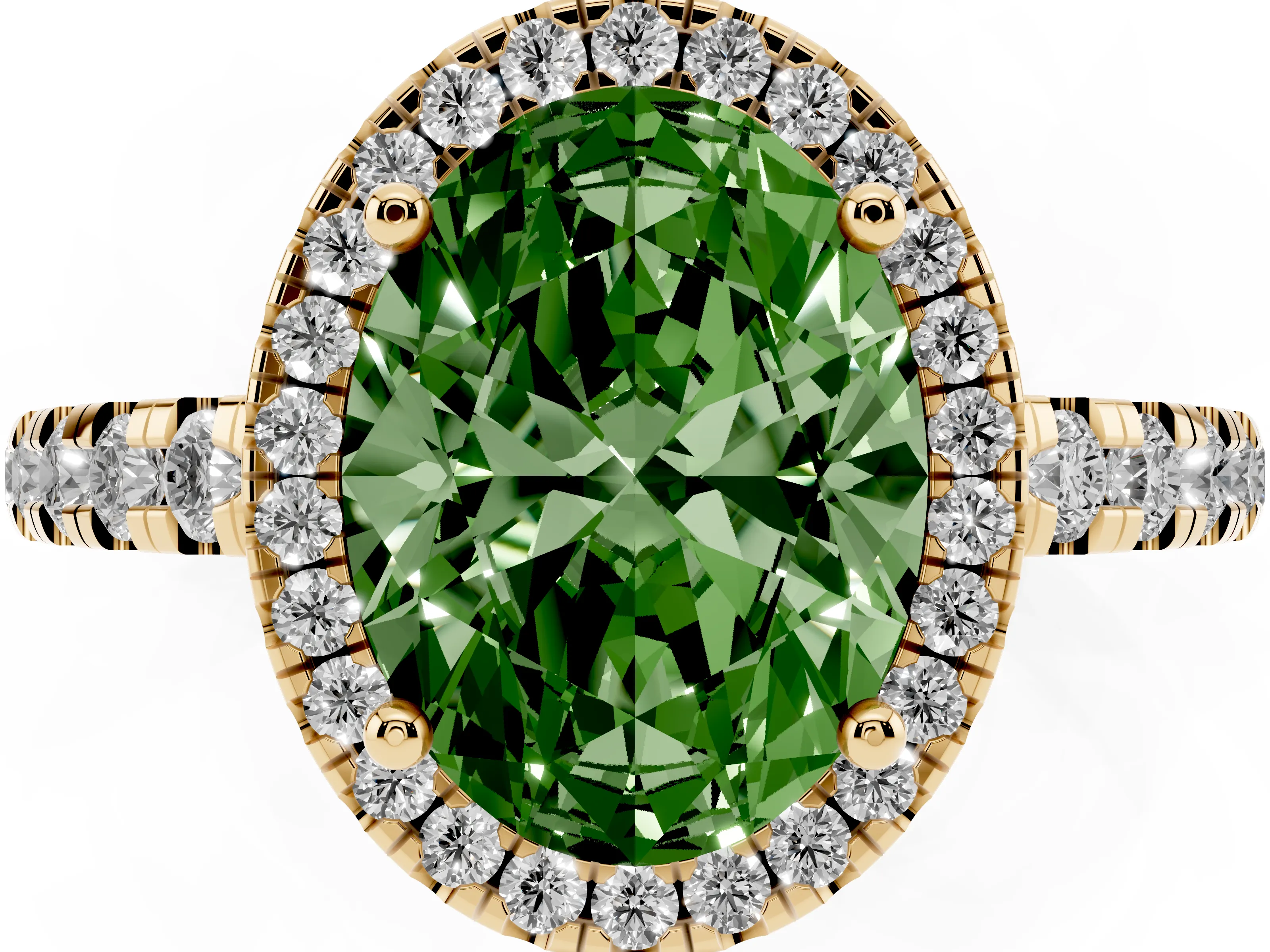 Fancy Green Oval Cut Diamond Halo Ring Set in Yellow gold with Delicate Pavé Band and Prong Setting