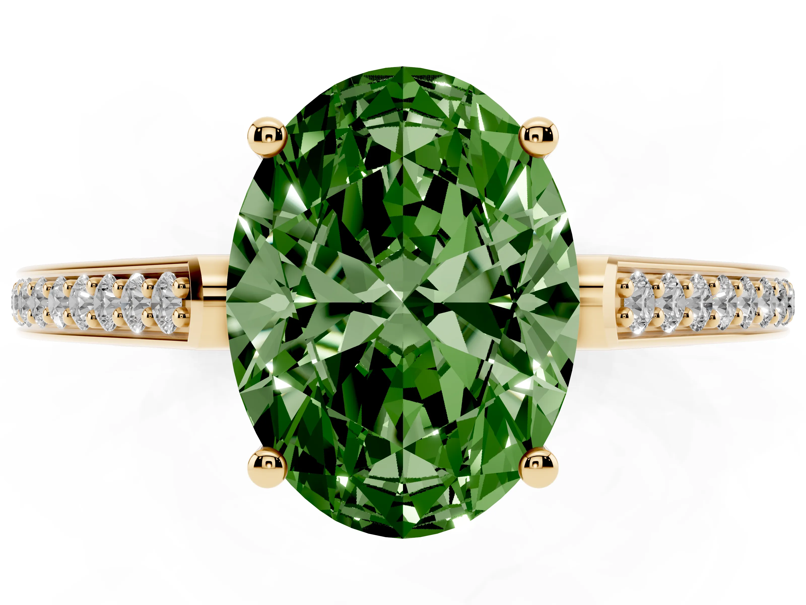 Fancy Green Oval Cut Diamond Cathedral Pavé Engagement Ring Set in Yellow gold with Prong Setting