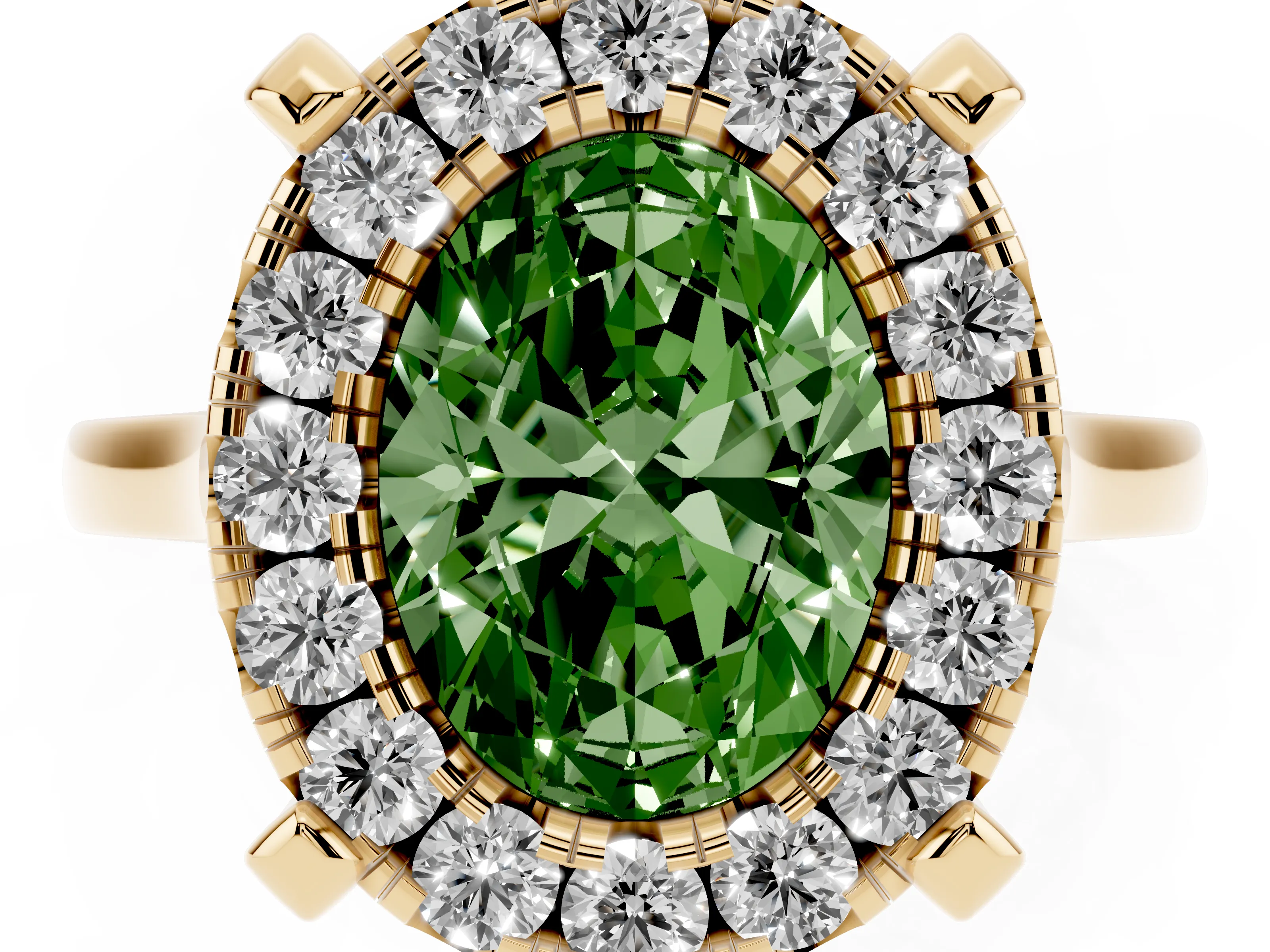 Fancy Green Oval Cut Diamond Cluster Halo Solitaire Ring Set in Yellow gold with Prong Setting