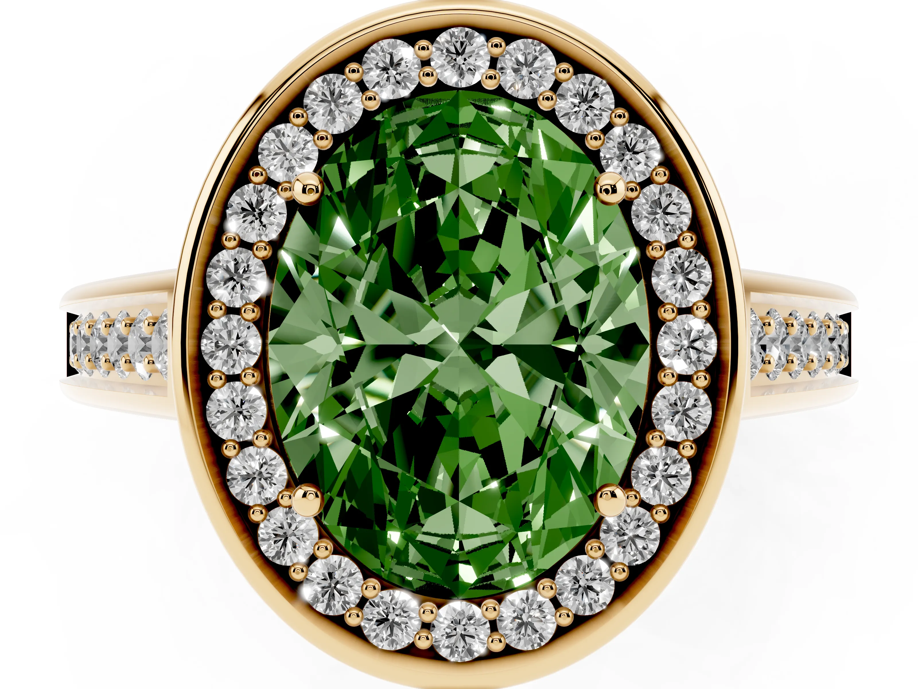 Fancy Green Oval Cut Diamond Halo Solitaire Ring Set in Yellow gold with Pavé Band and Bezel Setting