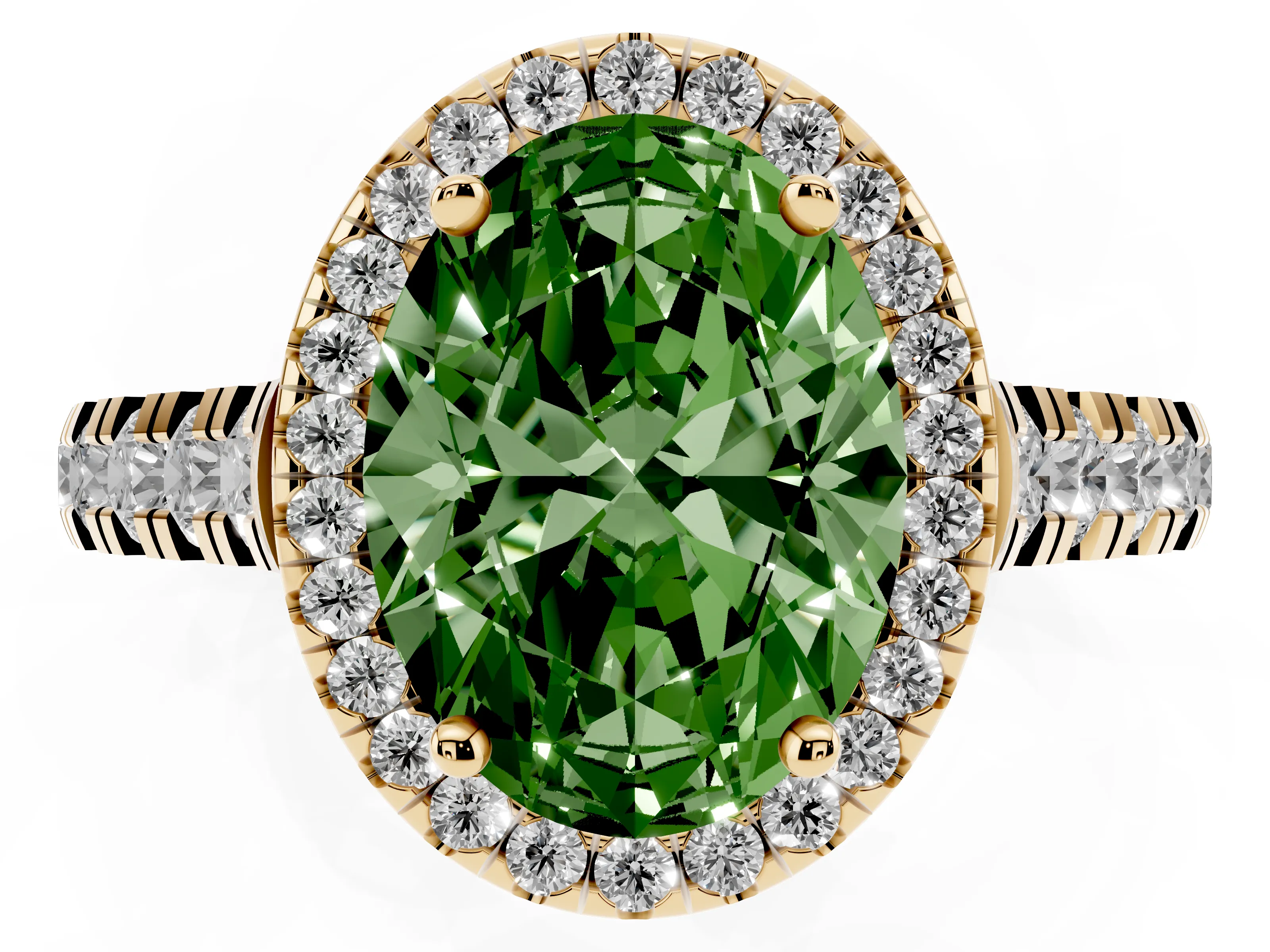 Fancy Green Oval Cut Diamond Halo Engagement Ring Set in Yellow gold with Pavé Band and Prong-Set Center