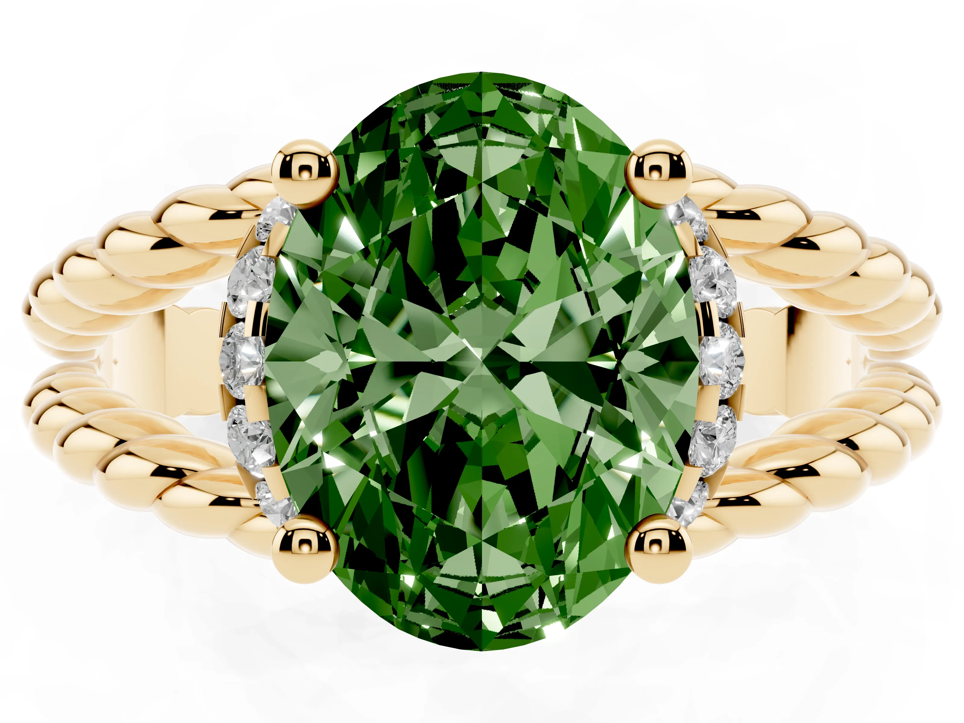 Fancy Green Oval Cut Diamond Halo Ring Set in Yellow gold with Twisted Band and Prong Setting