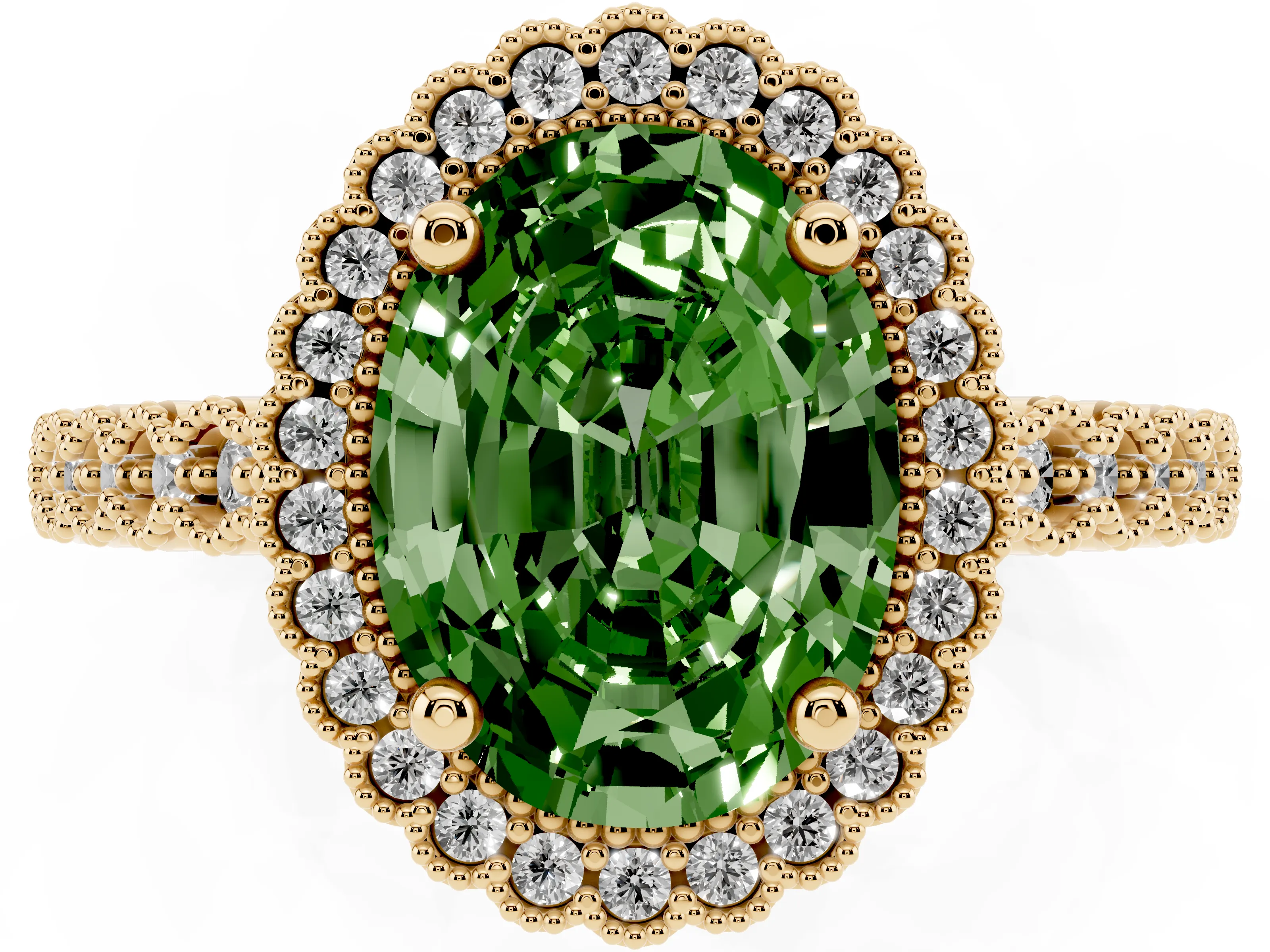Fancy Green Oval Cut Diamond Halo Ring Set in Yellow gold with Pavé Milgrain Band