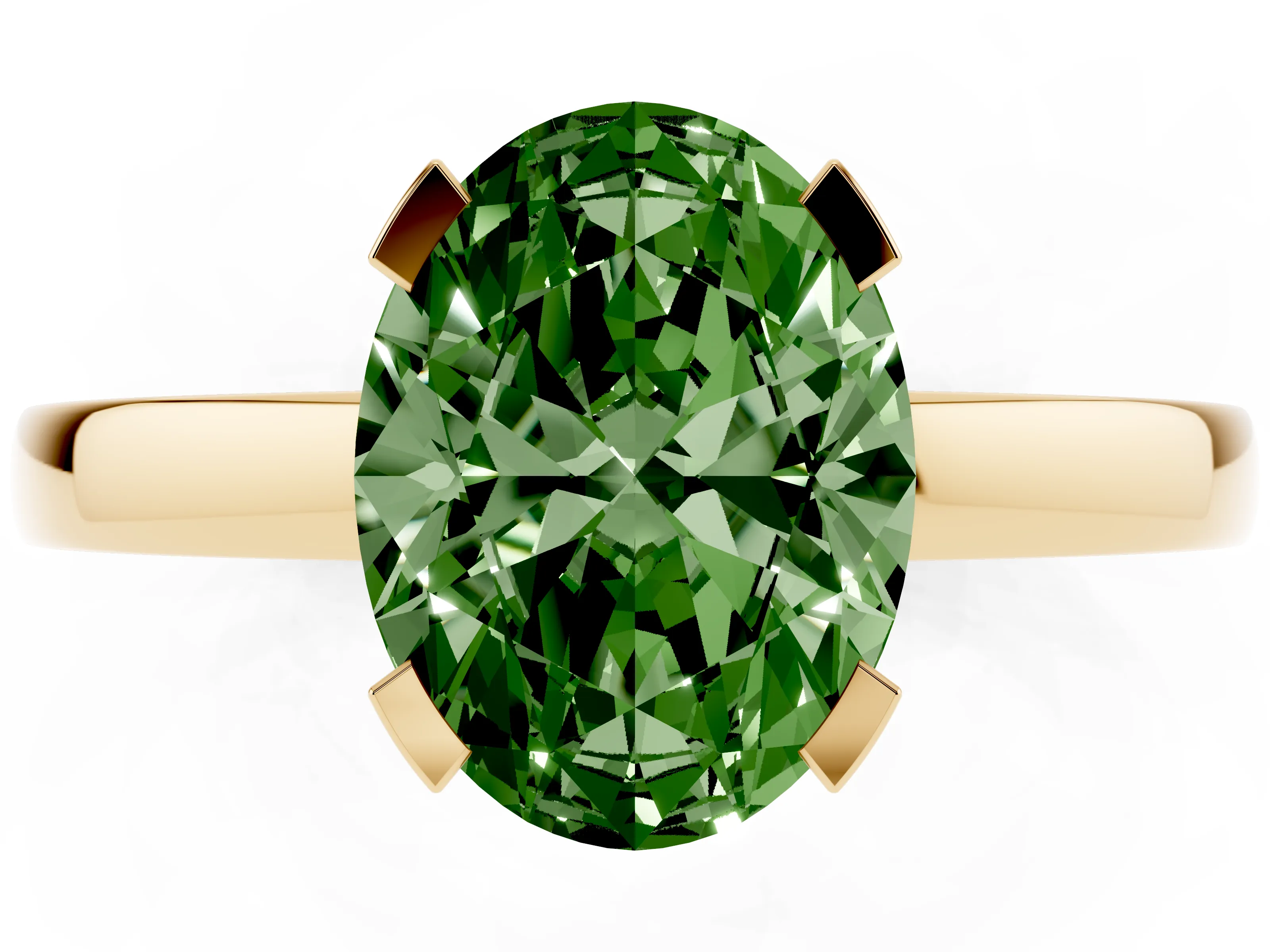 Fancy Green Oval Cut Diamond Solitaire Ring Set in Yellow gold with Prong Head and Smooth Polished Band
