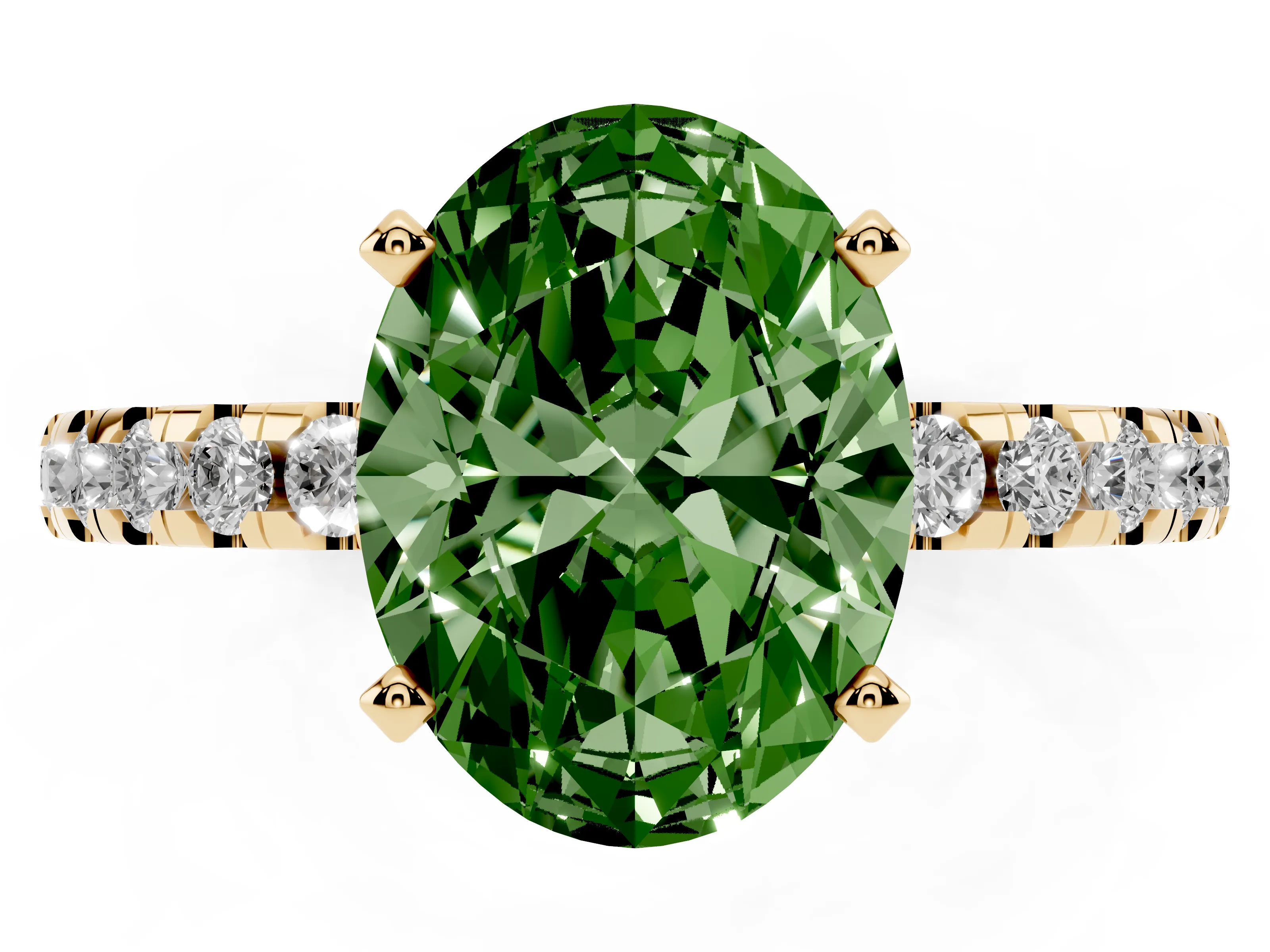 Fancy Green Oval Cut Diamond Pavé Solitaire Ring Set in Yellow gold with Round Band Accents and Prong Setting