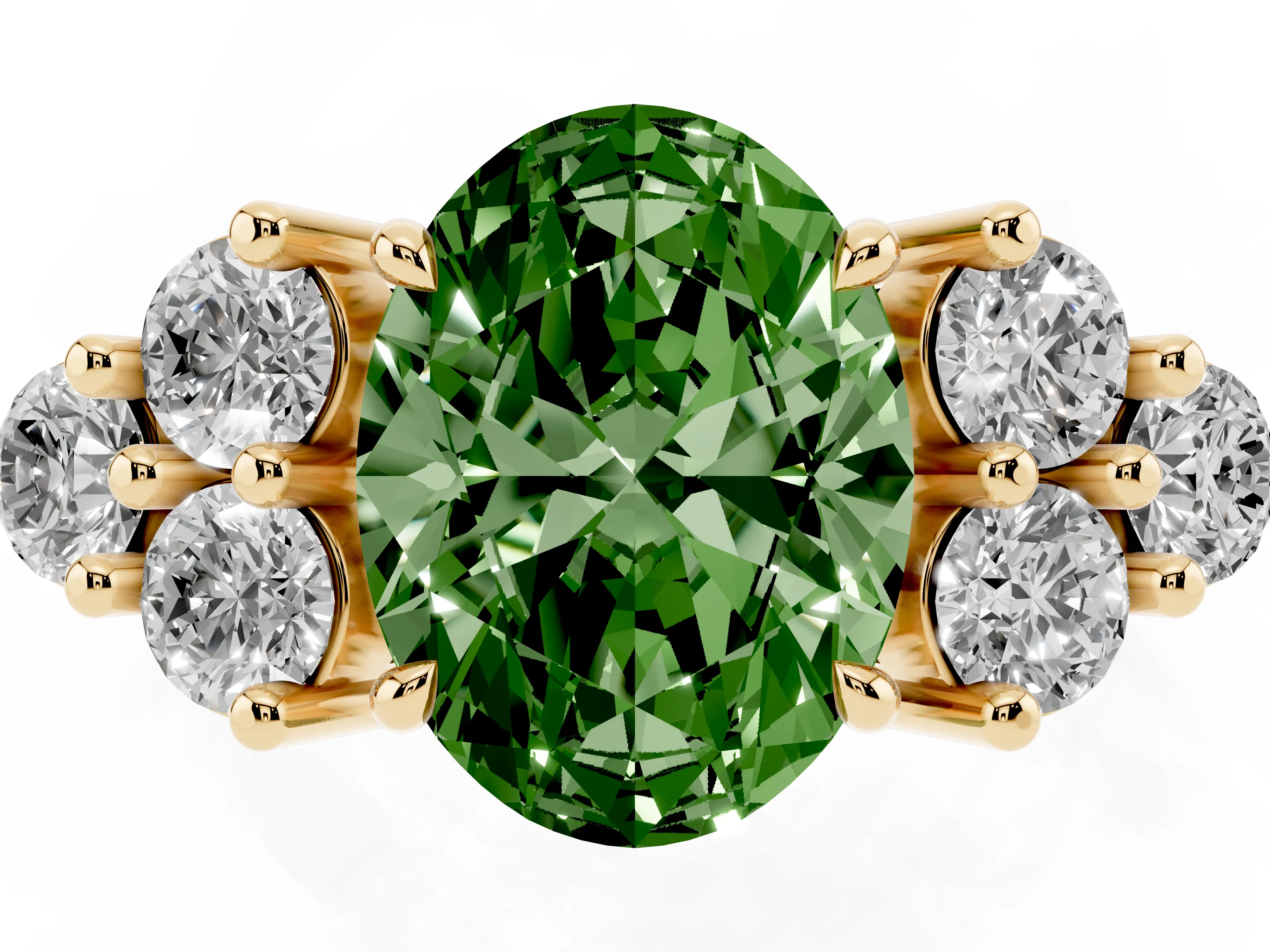 Fancy Green Oval Cut Diamond Solitaire Ring Set in Yellow gold with Cluster Accents on Each Side