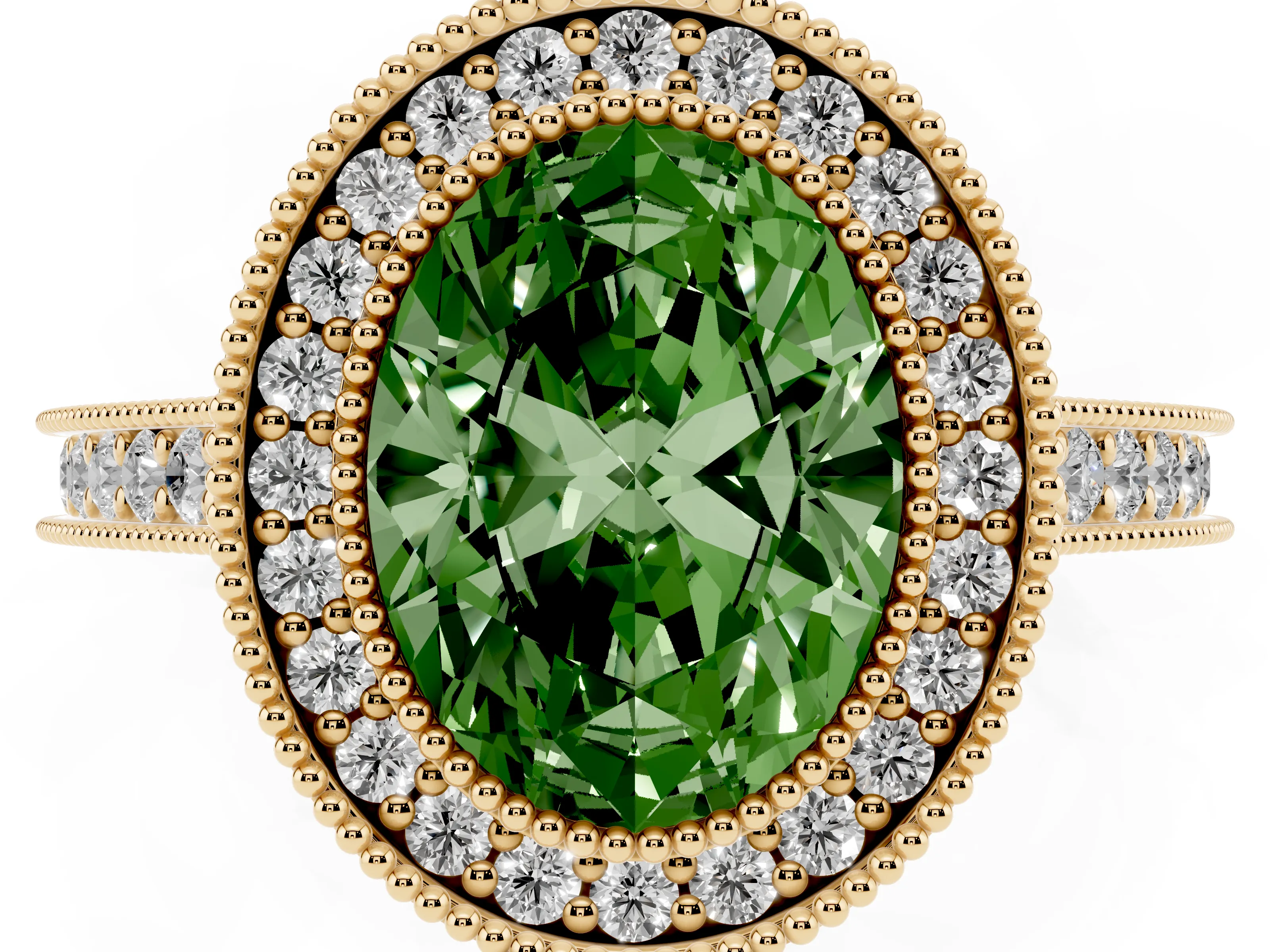 Fancy Green Oval Cut Diamond Halo Milgrain Pavé Band Ring Set in Yellow gold with Prong Setting