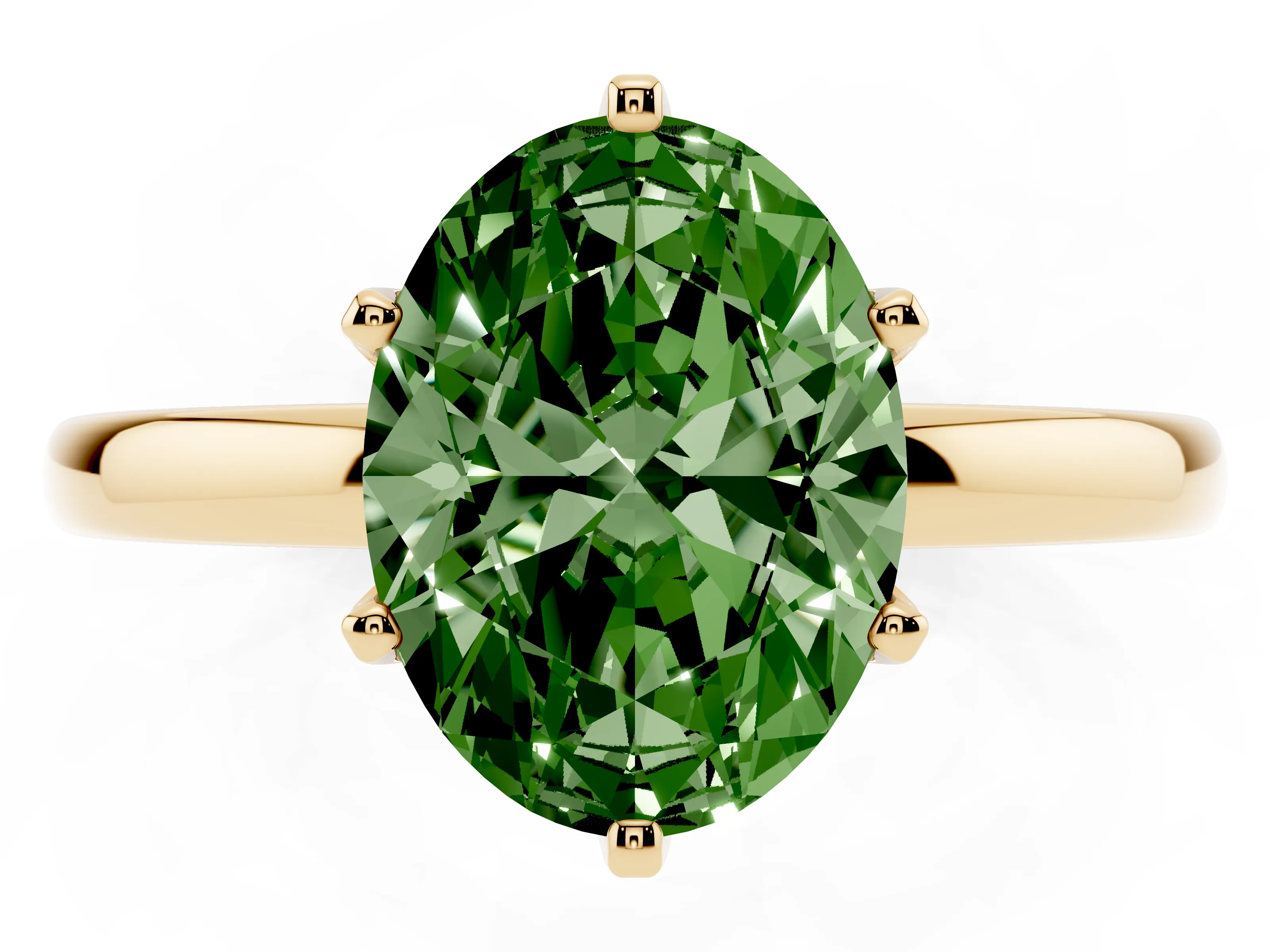 Fancy Green Oval Cut Diamond Solitaire Ring Set in Yellow gold with Raised Prong Setting on a Classic Band