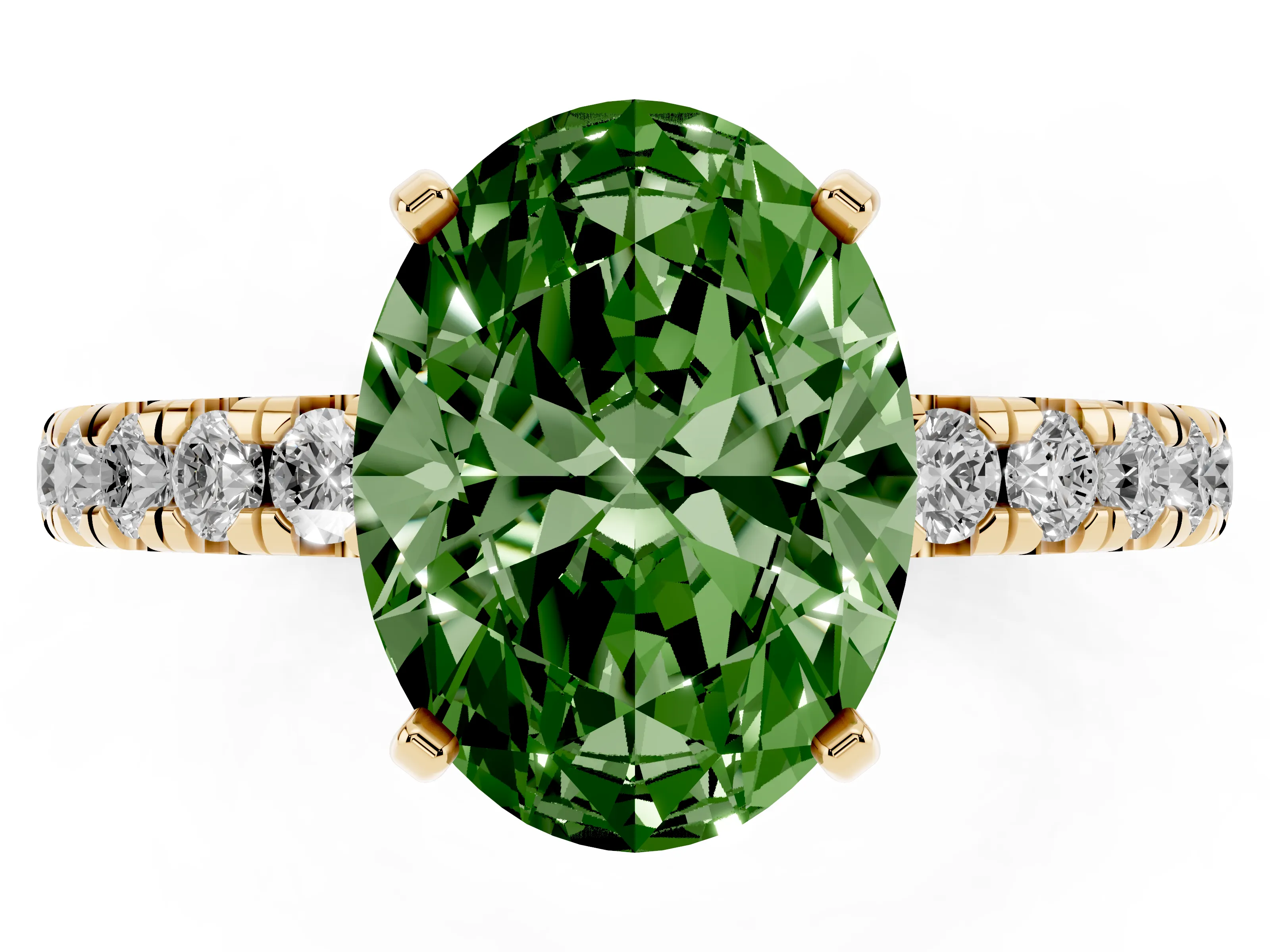 Fancy Green Oval Cut Diamond Pavé Solitaire Ring Set in Yellow gold with Round Band and Prong Setting
