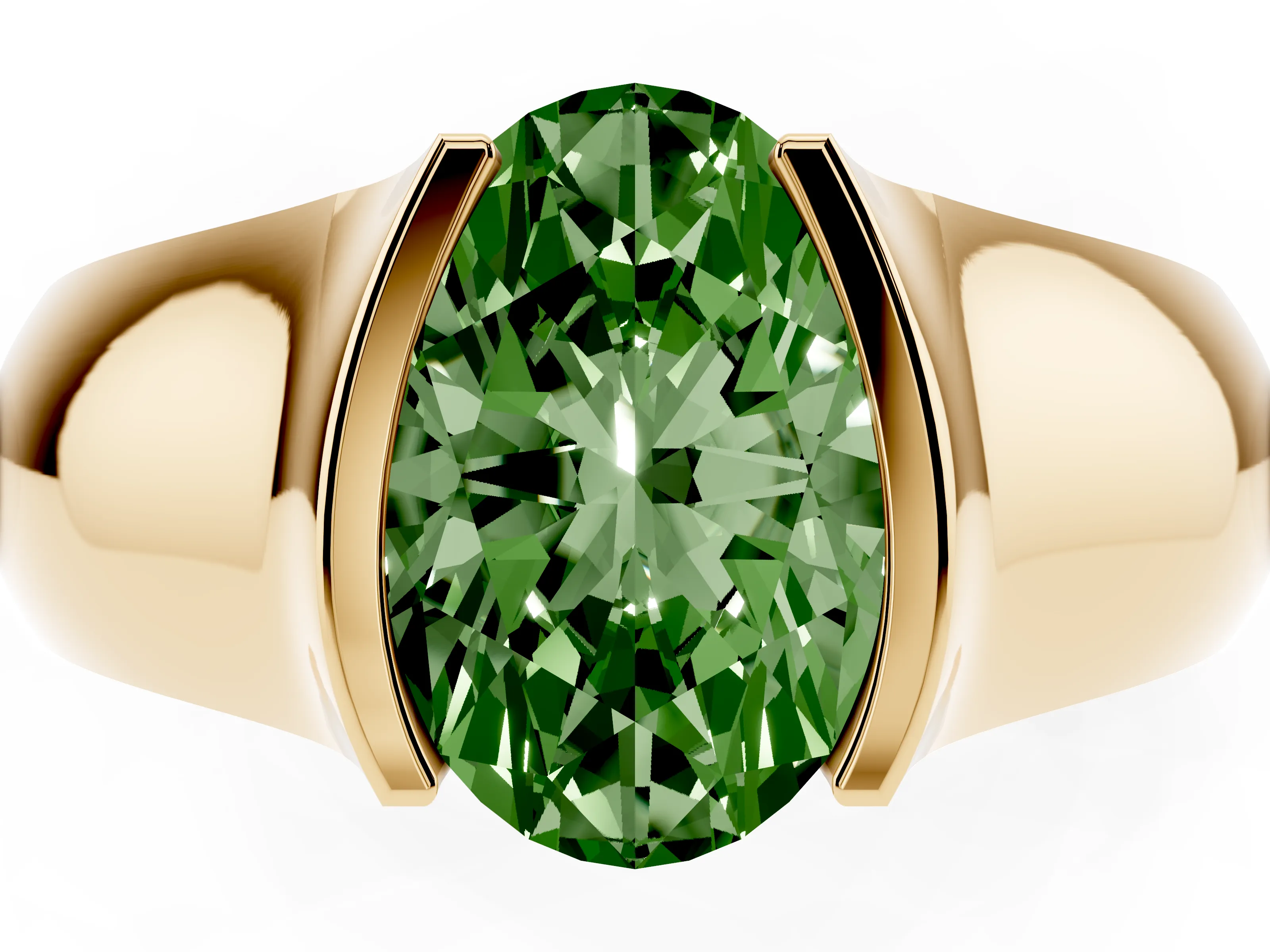 Fancy Green Oval Cut Diamond Bezel Solitaire Ring Set in Yellow gold with Wide Band