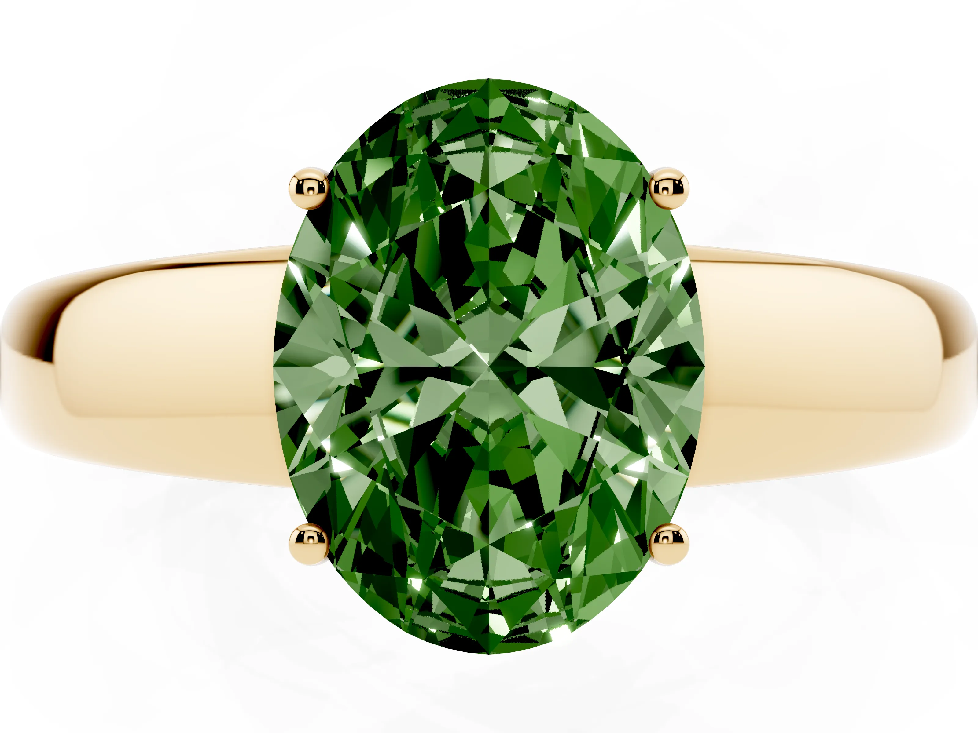 Fancy Green Oval Cut Diamond Solitaire Ring Set in Yellow gold with Tapered Band and Prong Setting