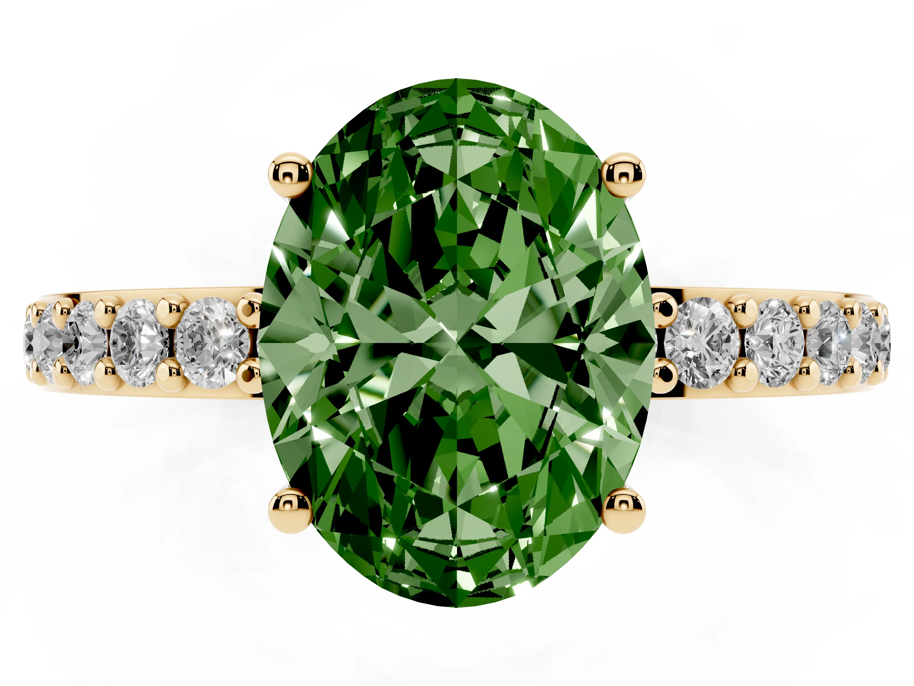 Fancy Green Oval Cut Diamond Solitaire Set in Yellow gold with Round Pavé Band and Prong Setting