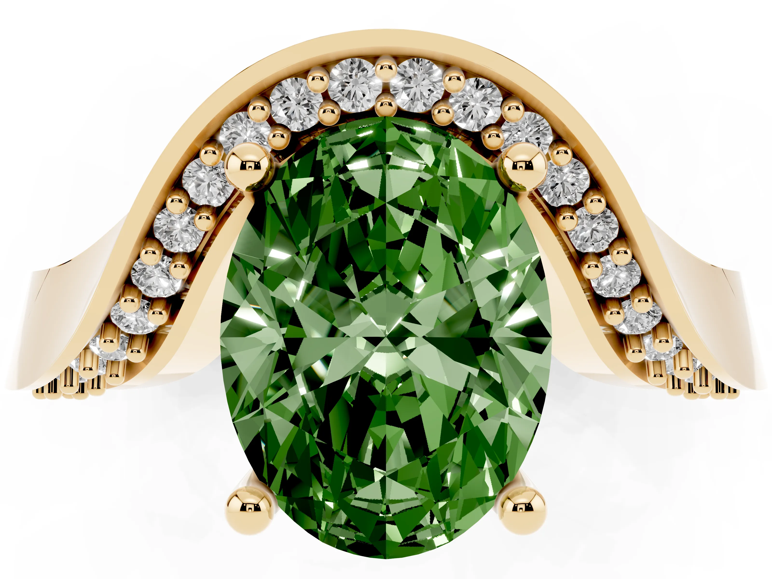 Fancy Green Oval Cut Diamond Solitaire Engagement Ring Set in Yellow gold with Pavé Shoulders
