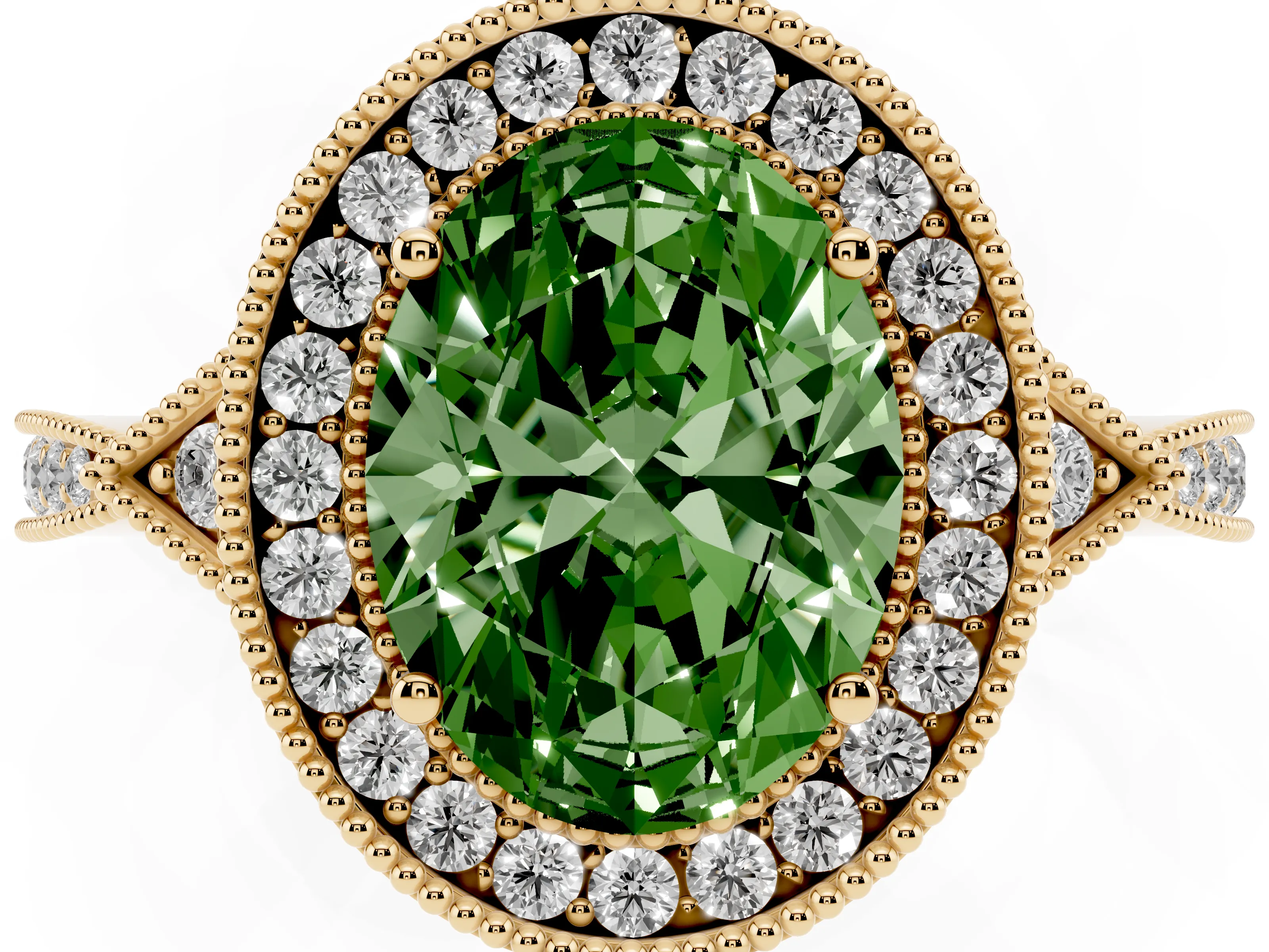 Fancy Green Oval Cut Diamond Halo Engagement Ring Set in Yellow gold with Milgrain Pavé Band
