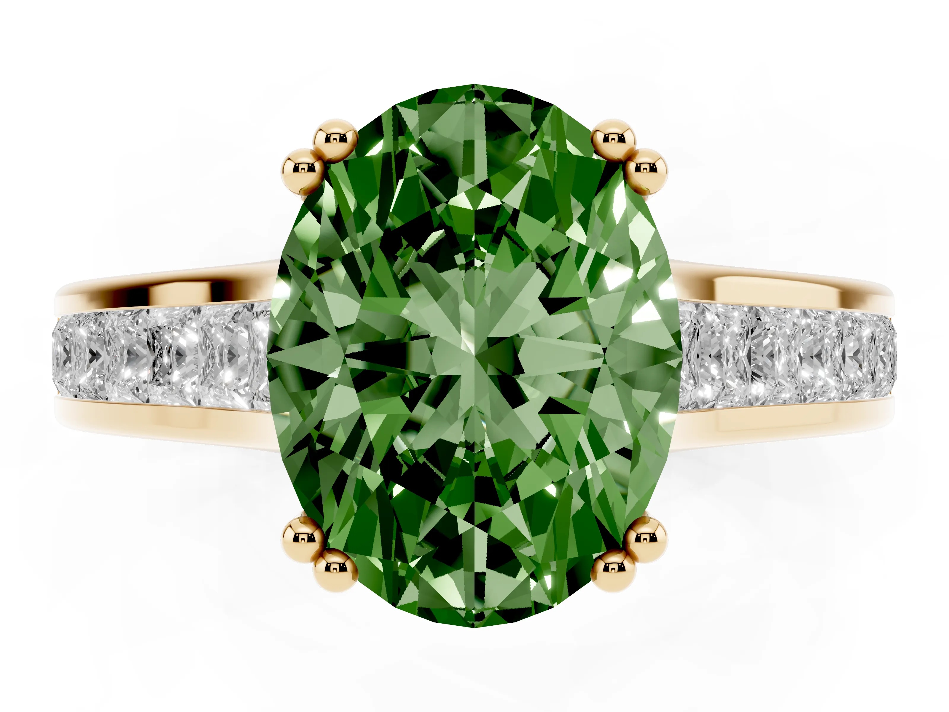 Fancy Green Oval Cut Diamond Channel Set Solitaire Engagement Ring Set in Yellow gold with Prong Setting