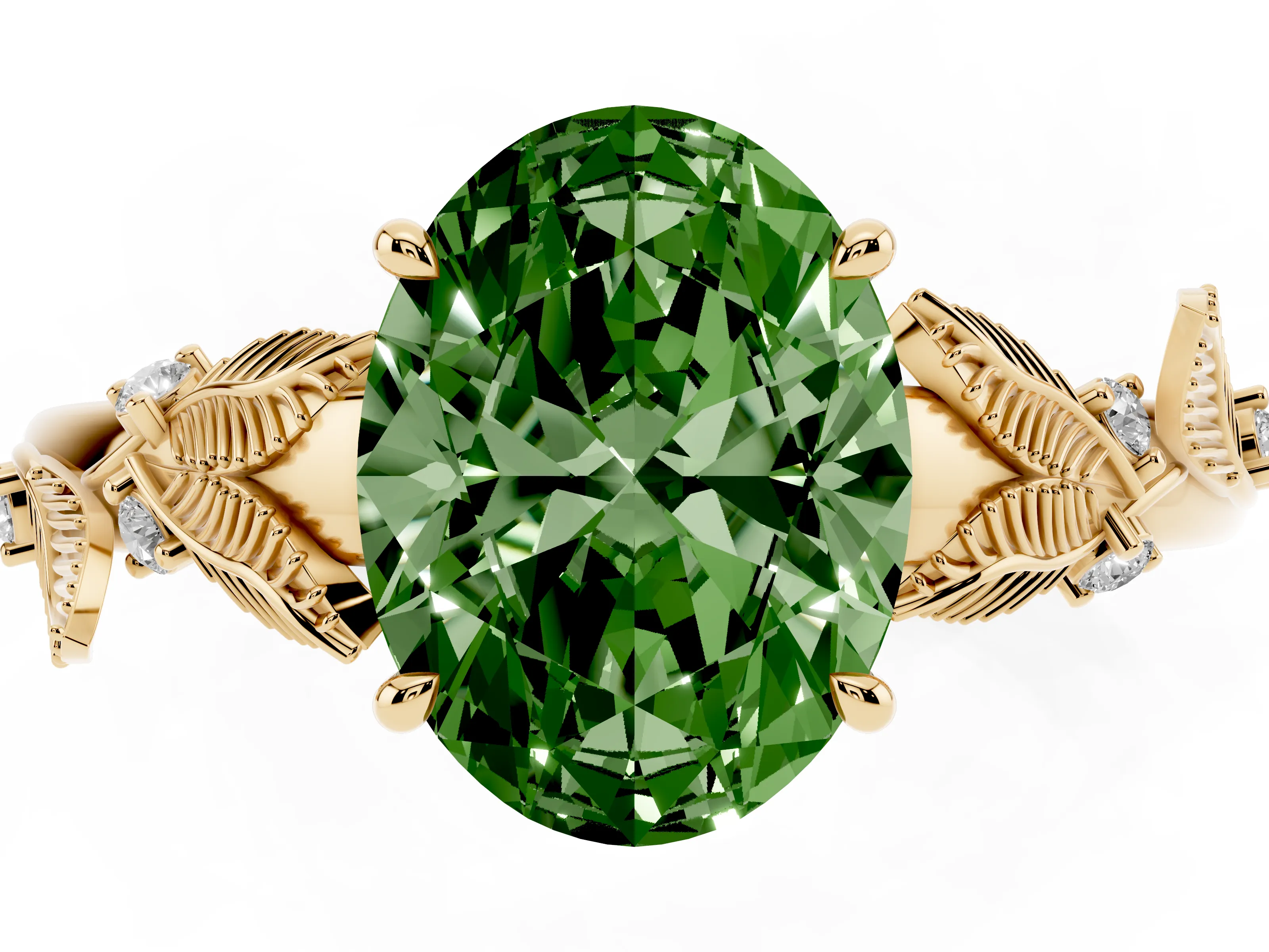 Fancy Green Oval Cut Diamond Solitaire Ring Set in Yellow gold with Leaf Motif Band