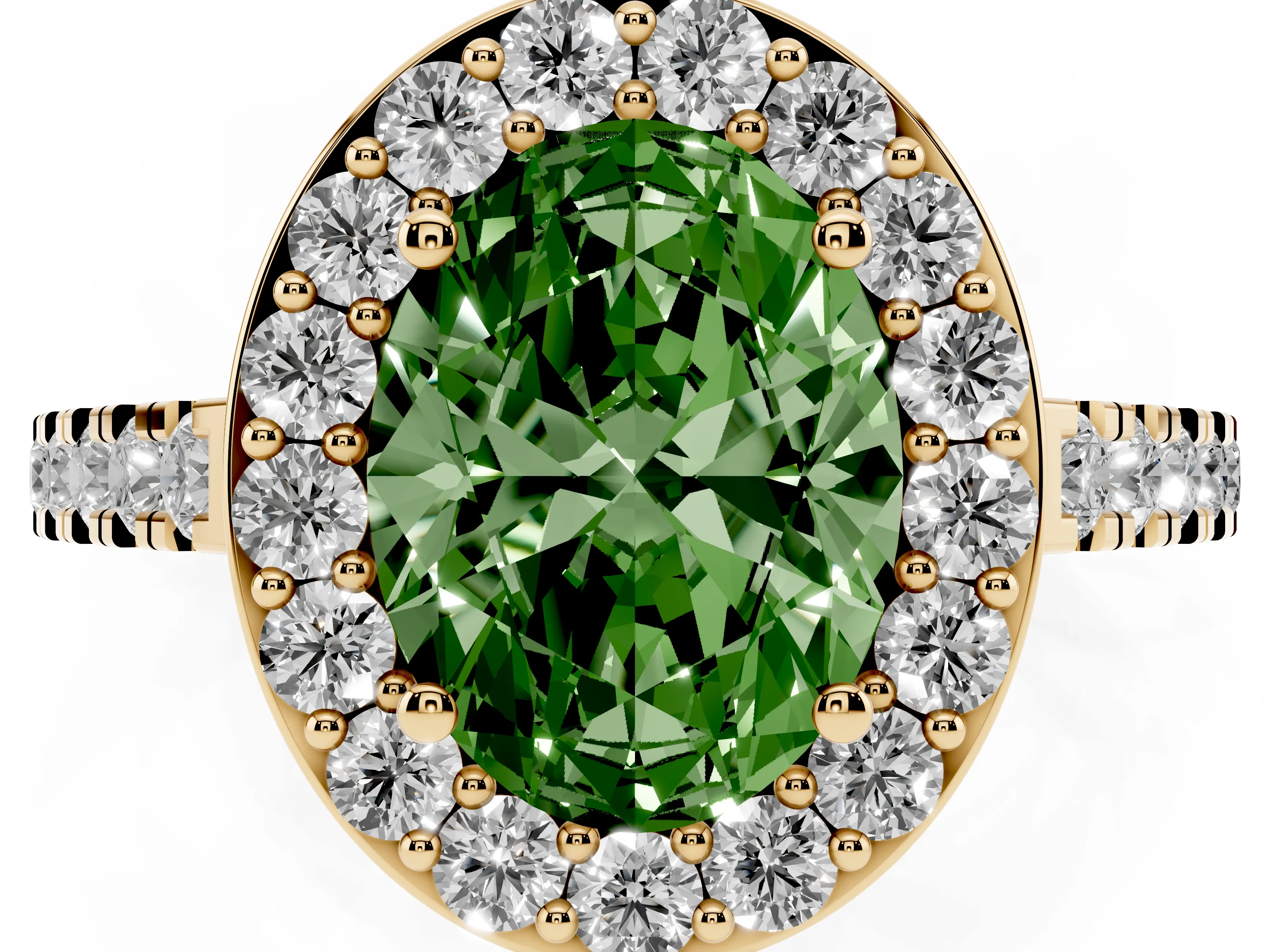 Fancy Green Oval Cut Diamond Halo Ring Set in Yellow gold with Round Pavé Split Shank and Prong Setting
