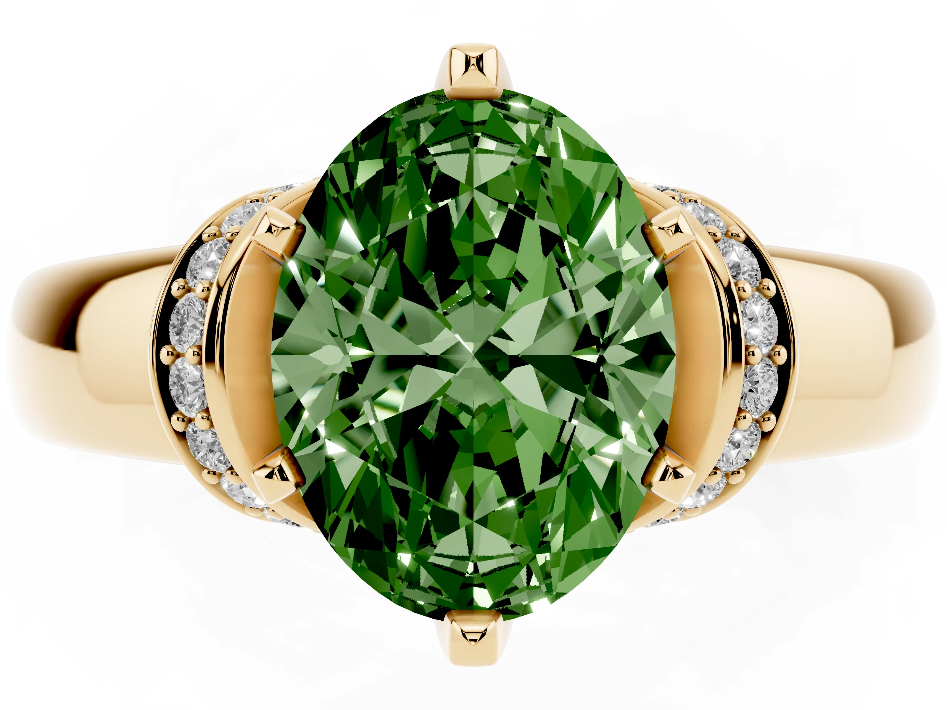 Fancy Green Oval Cut Diamond Pavé Band Solitaire Ring Set in Yellow gold with Prong Setting
