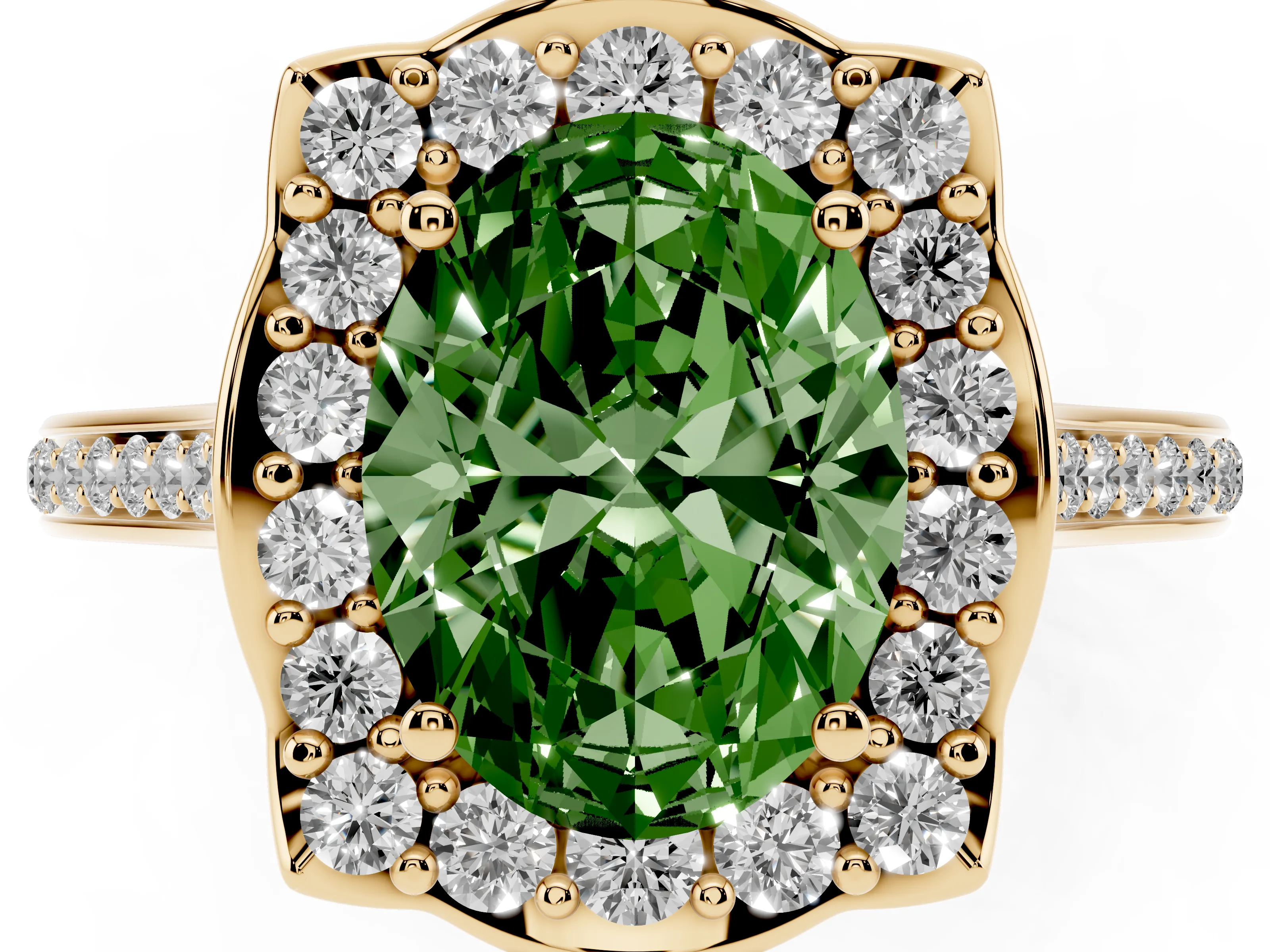Fancy Green Oval Cut Diamond Halo Ring Set in Yellow gold with Pavé-Lined Shoulders and Prong Setting