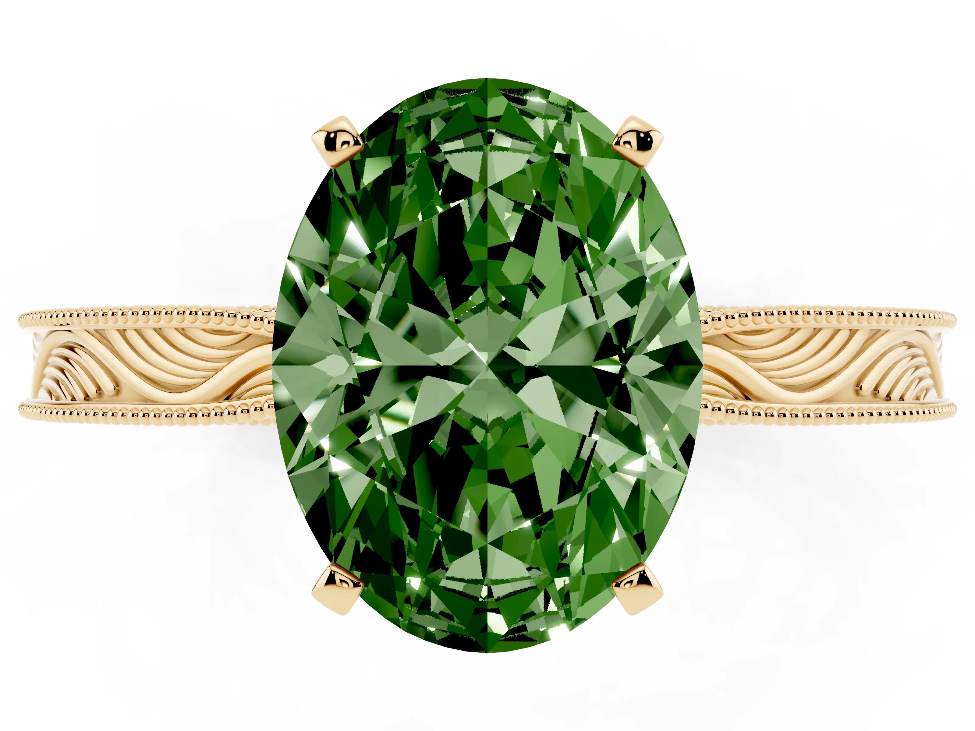 Fancy Green Oval Cut Diamond Solitaire Milgrain Engraved Band Set in Yellow gold with Prong Setting