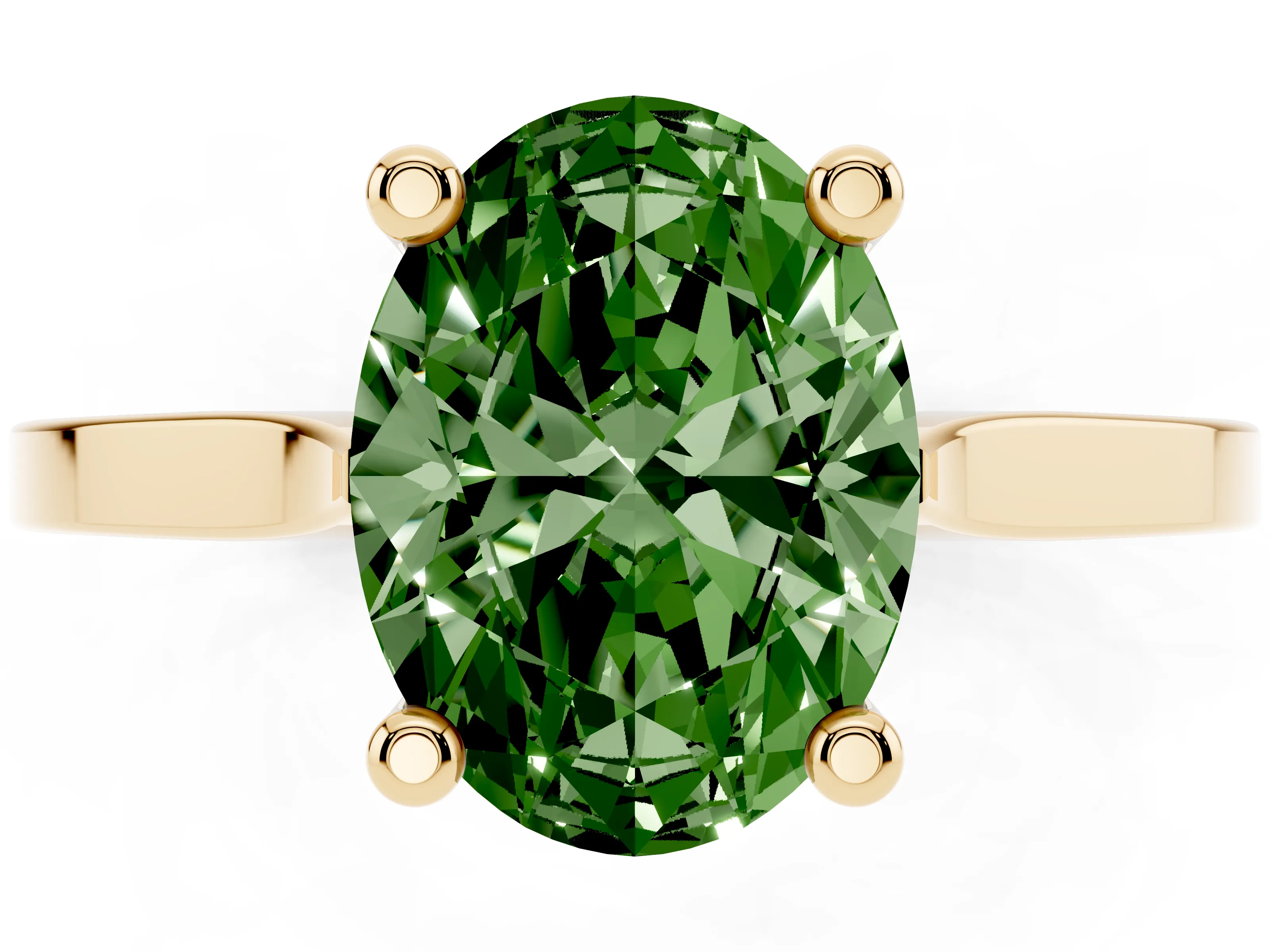 Fancy Green Oval Cut Diamond Solitaire Ring Set in Yellow gold with Prong Setting and Tapered Band