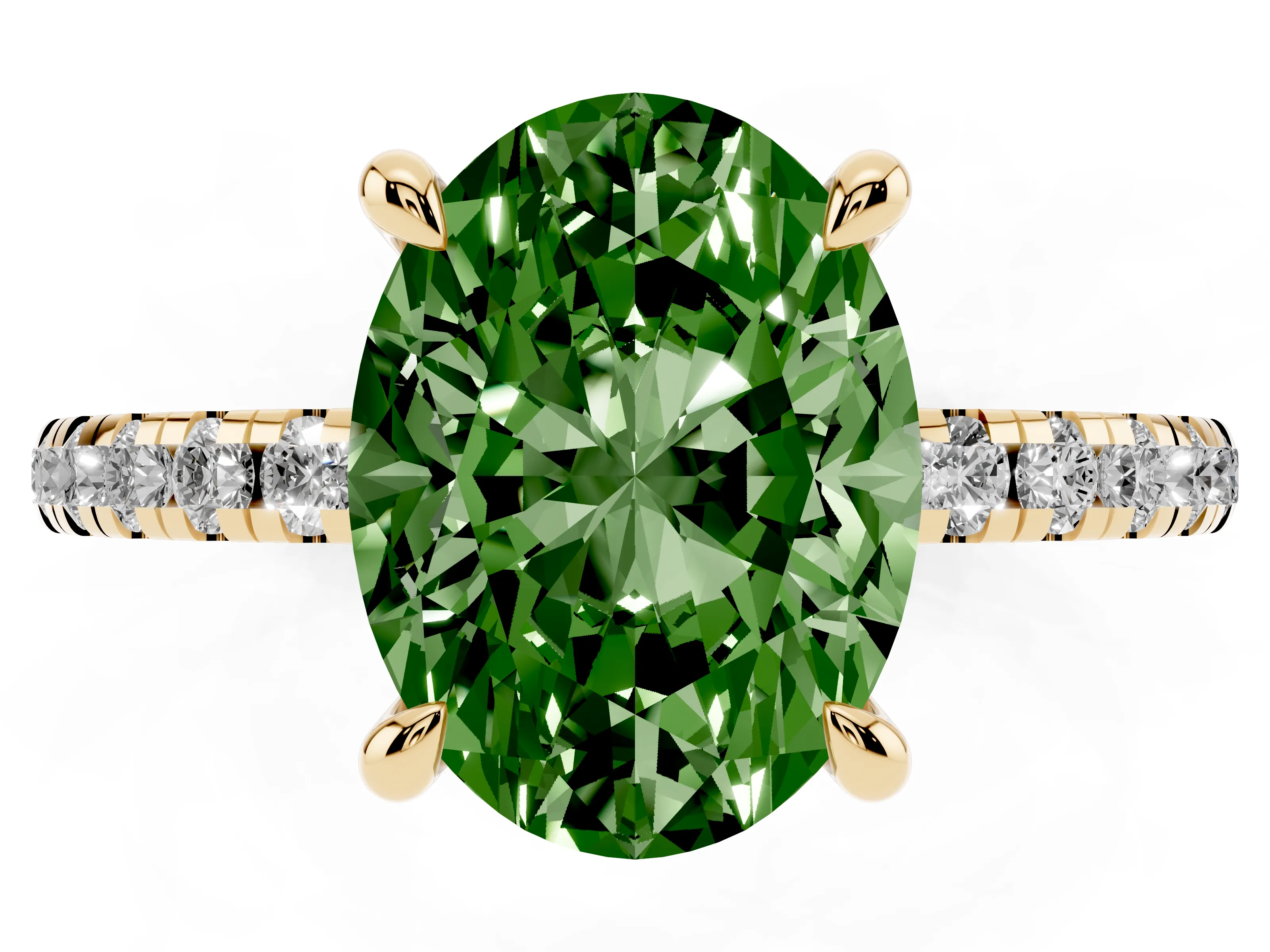 Fancy Green Oval Cut Diamond Brilliant Solitaire Ring Set in Yellow gold with Pavé Band and Prong Setting
