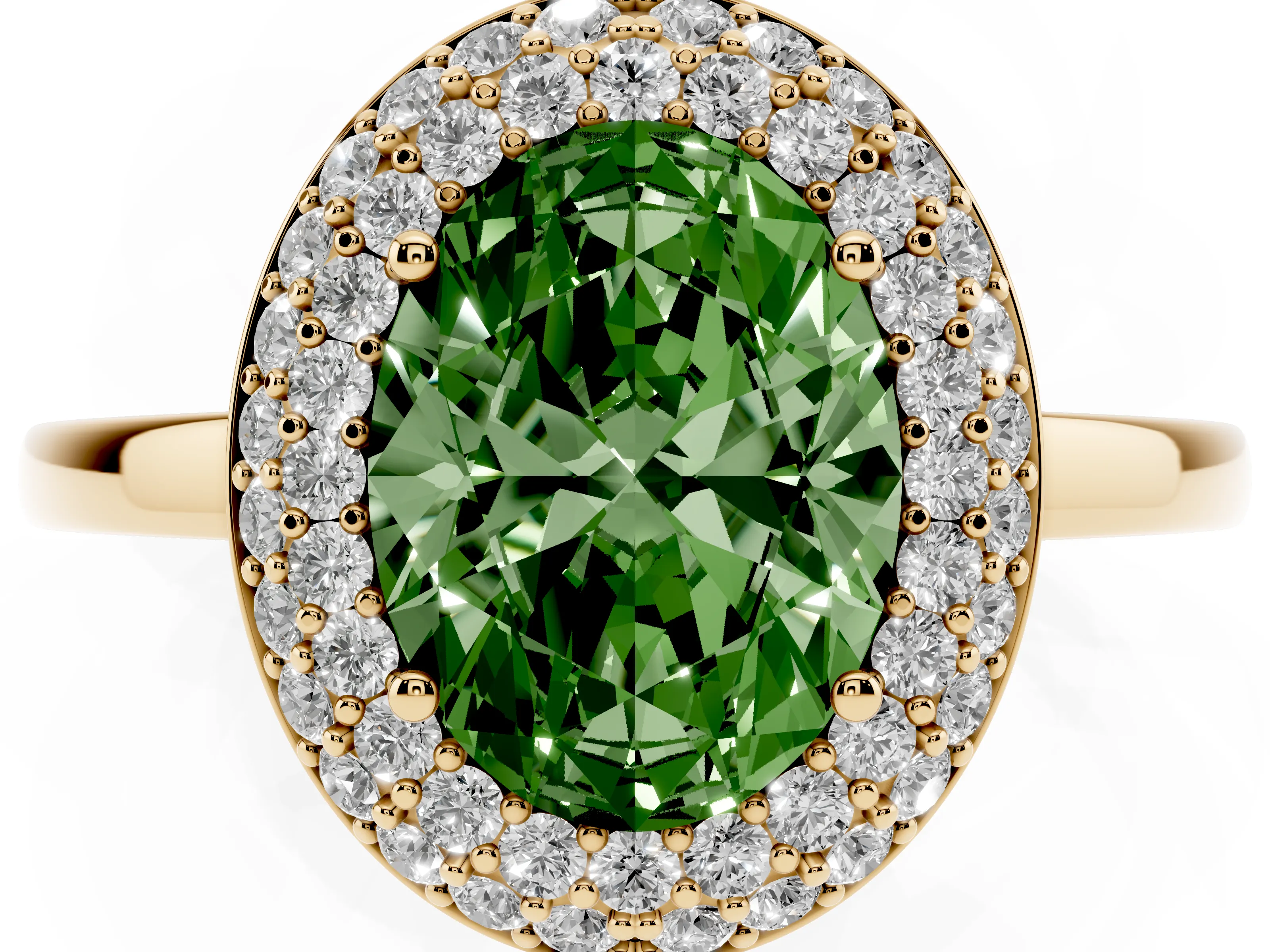 Fancy Green Oval Cut Diamond Halo Engagement Ring Set in Yellow gold with Solitaire Band and Prong Setting