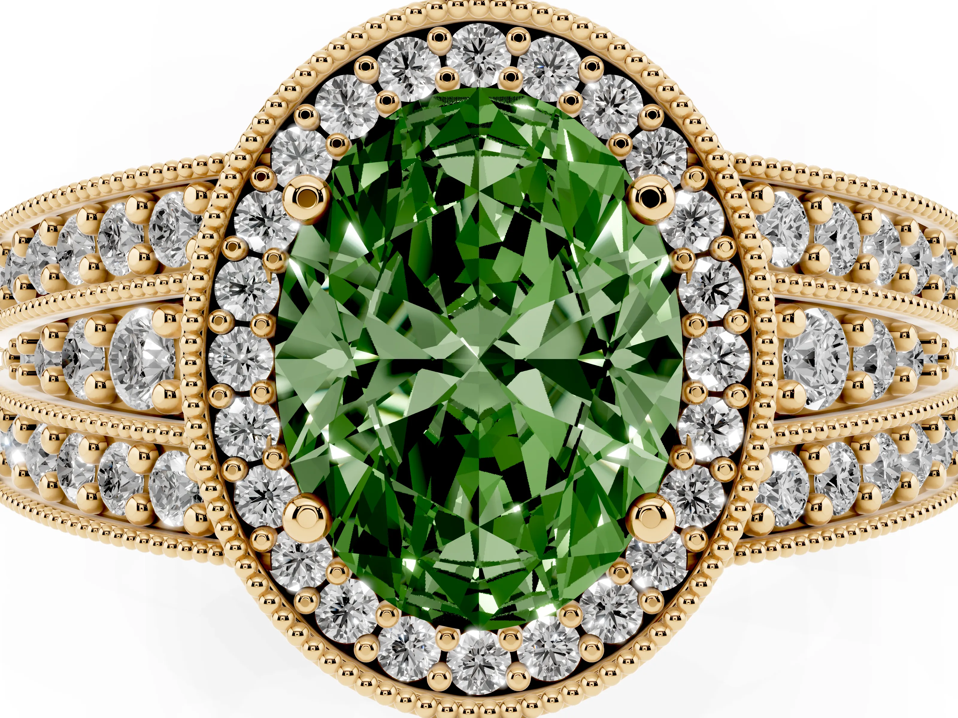 Fancy Green Oval Cut Diamond Halo Ring Set in Yellow gold with Accent Split Shank and Prong Setting
