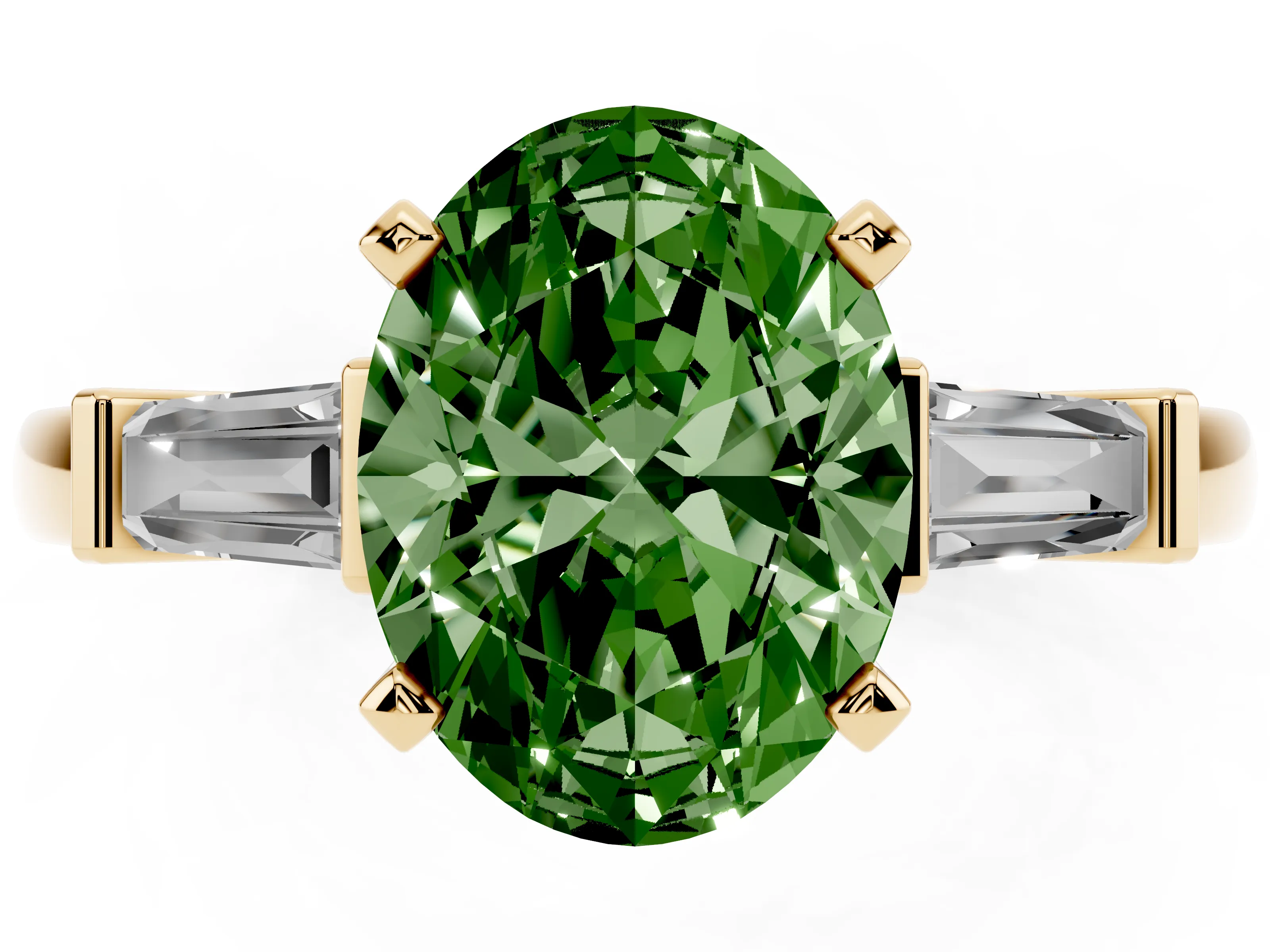 Fancy Green Oval Cut Diamond Solitaire Ring Set in Yellow gold with Tapered Baguette Accents and Prong Setting