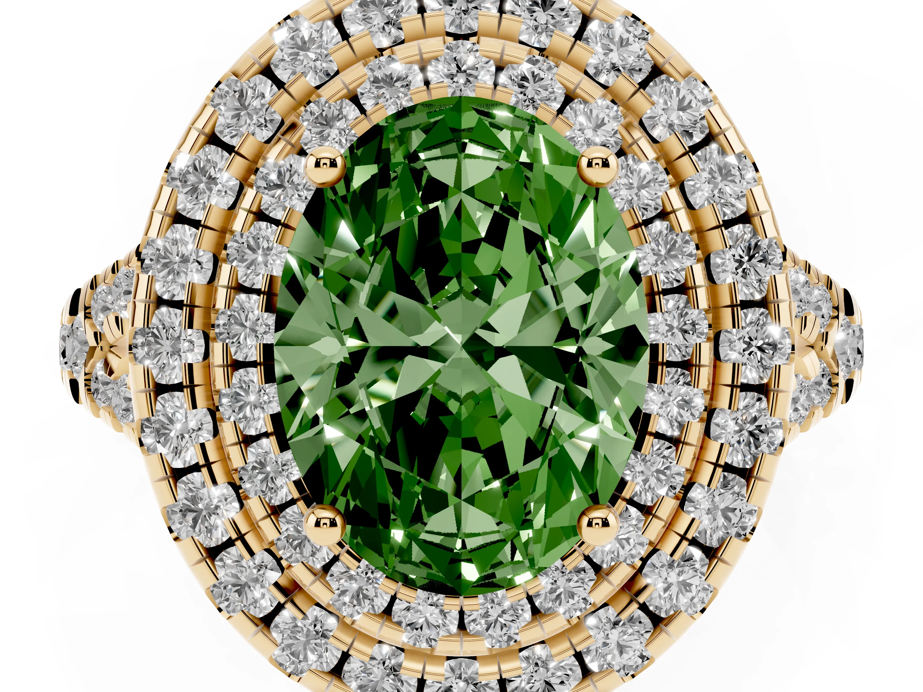 Fancy Green Oval Cut Diamond Double Halo Ring Set in Yellow gold with Pavé Split Shank and Prong Setting