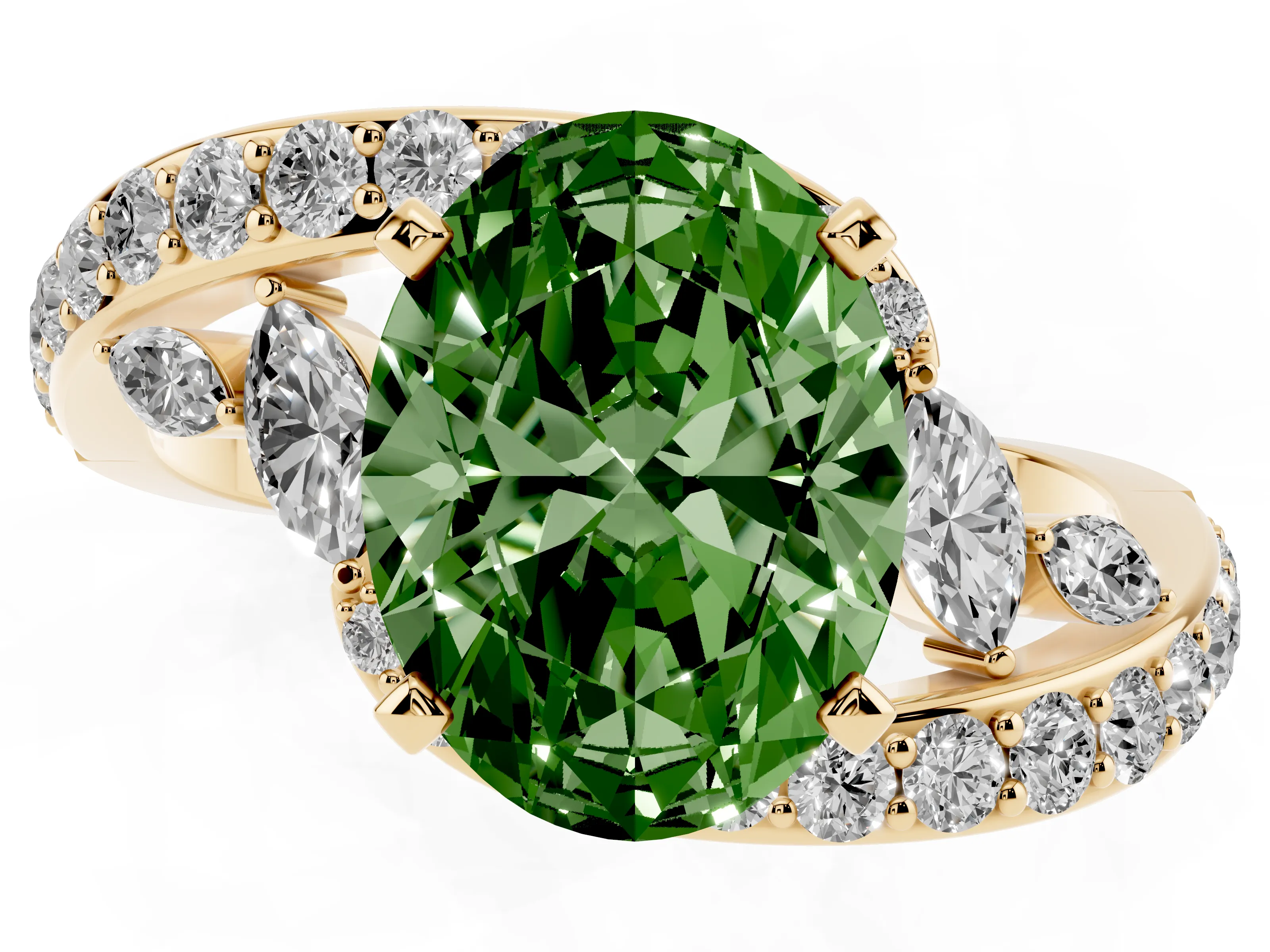 Fancy Green Oval Cut Diamond Solitaire Ring Set in Yellow gold with Pavé Twist Band and Secure Prong Setting