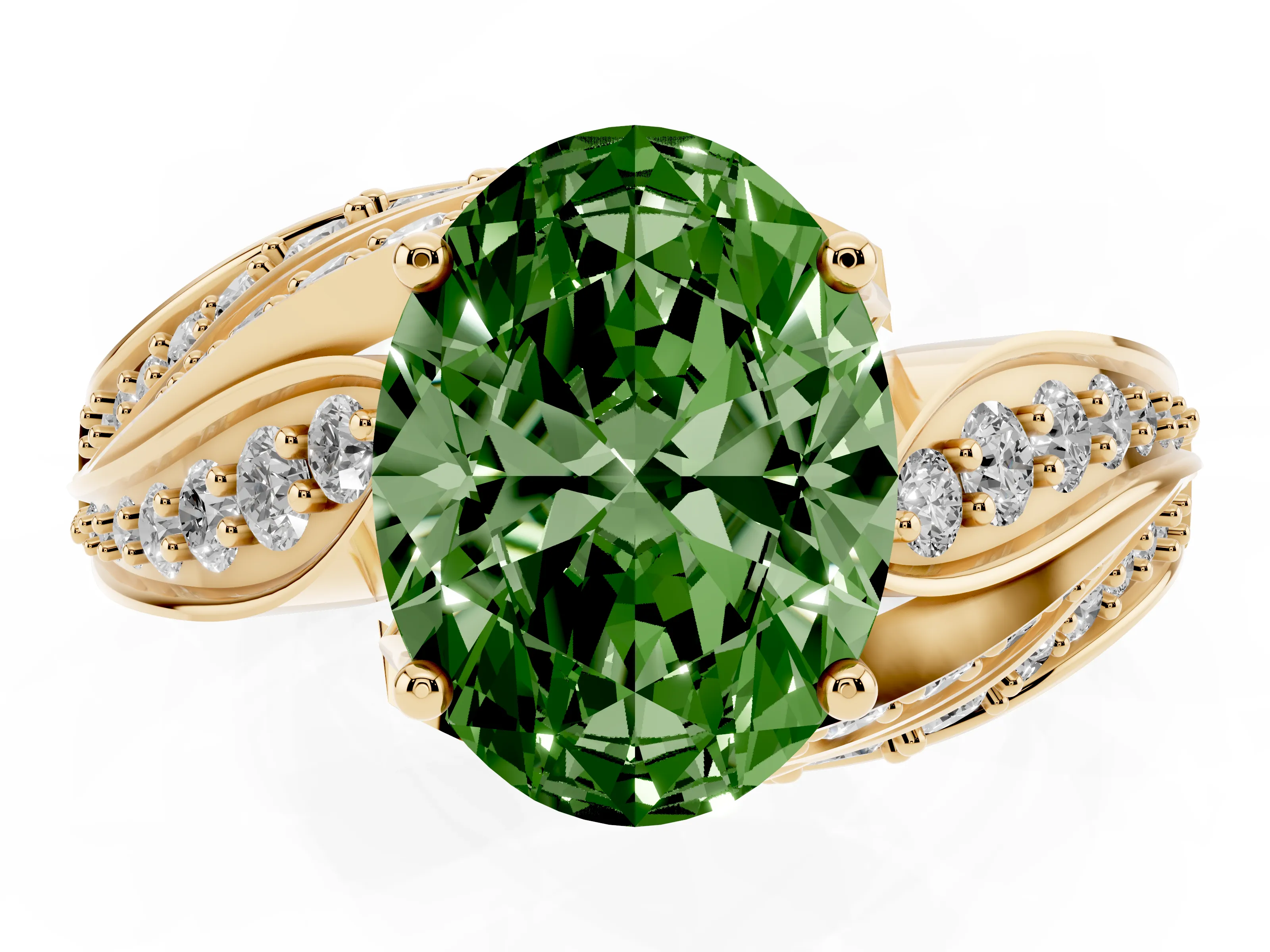 Fancy Green Oval Cut Diamond Solitaire Ring Set in Yellow gold with Layered Twist Pavé Band