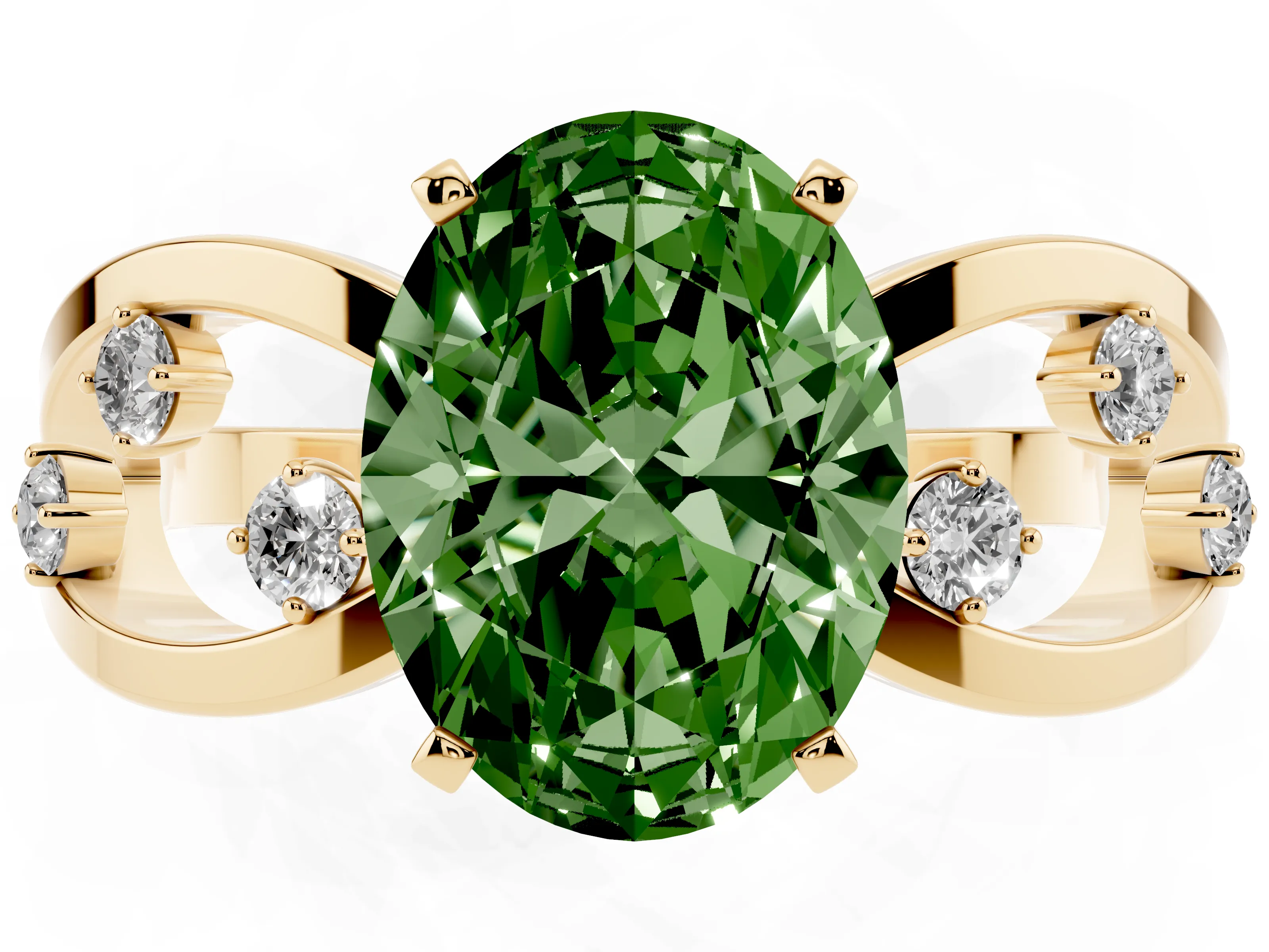 Fancy Green Oval Cut Diamond Solitaire Ring Set in Yellow gold with Side Stones on Criss-Cross Band and Prong Setting