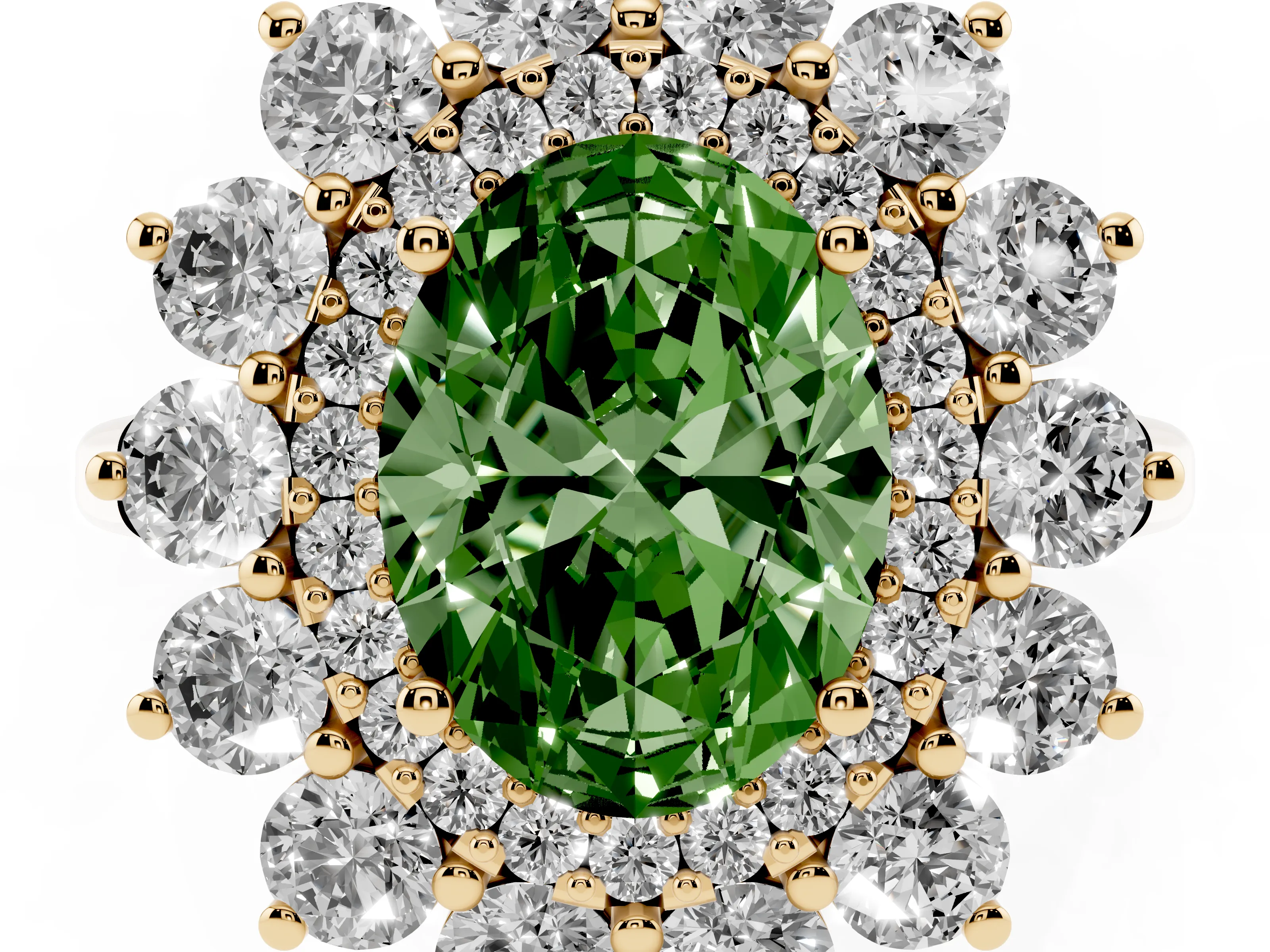 Fancy Green Oval Cut Diamond Floral Double Halo Ring Set in Yellow gold with Round Petals