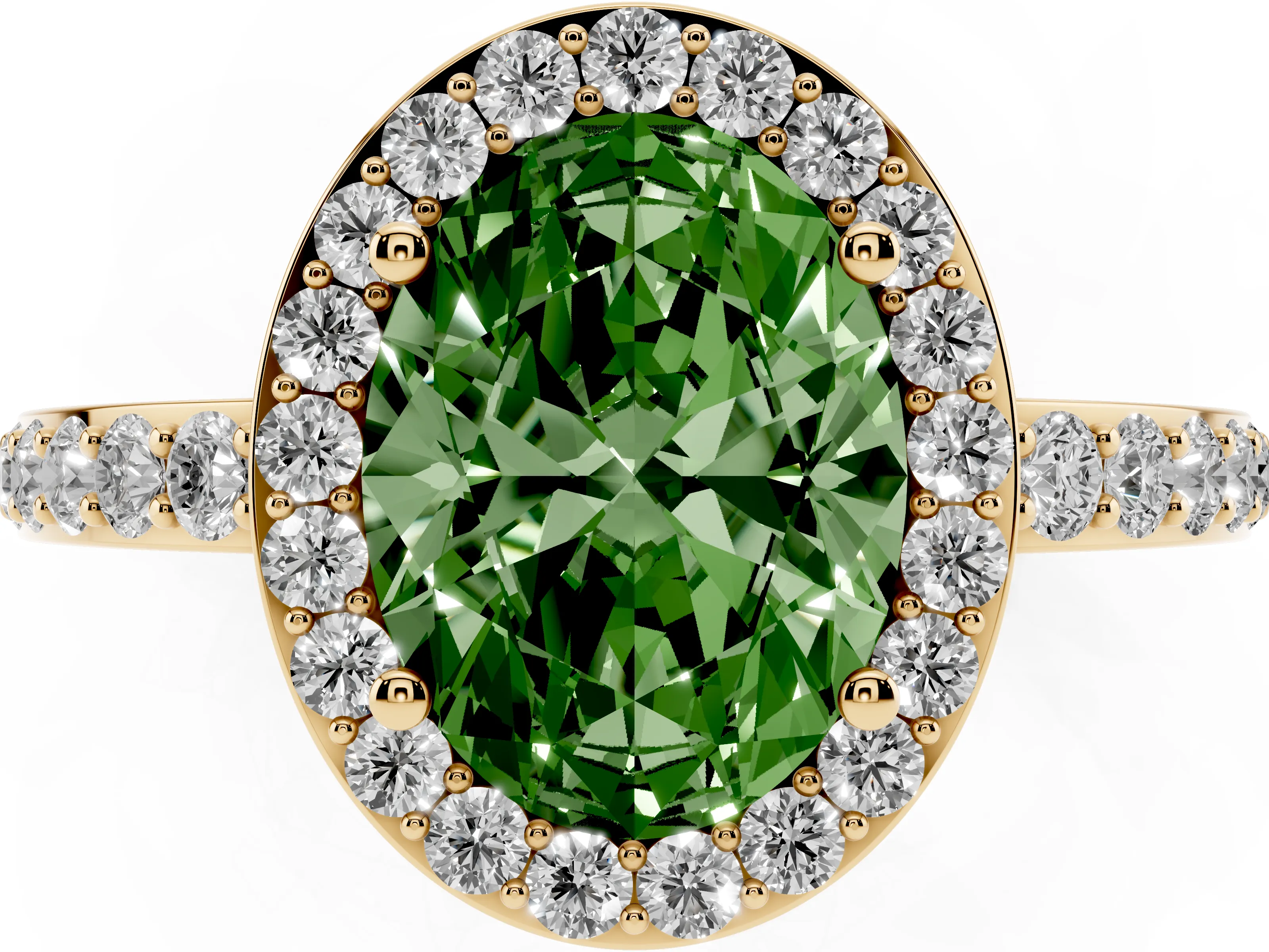 Fancy Green Oval Cut Diamond Halo Ring Set in Yellow gold with Pavé-Setting Band and Open Prong Center