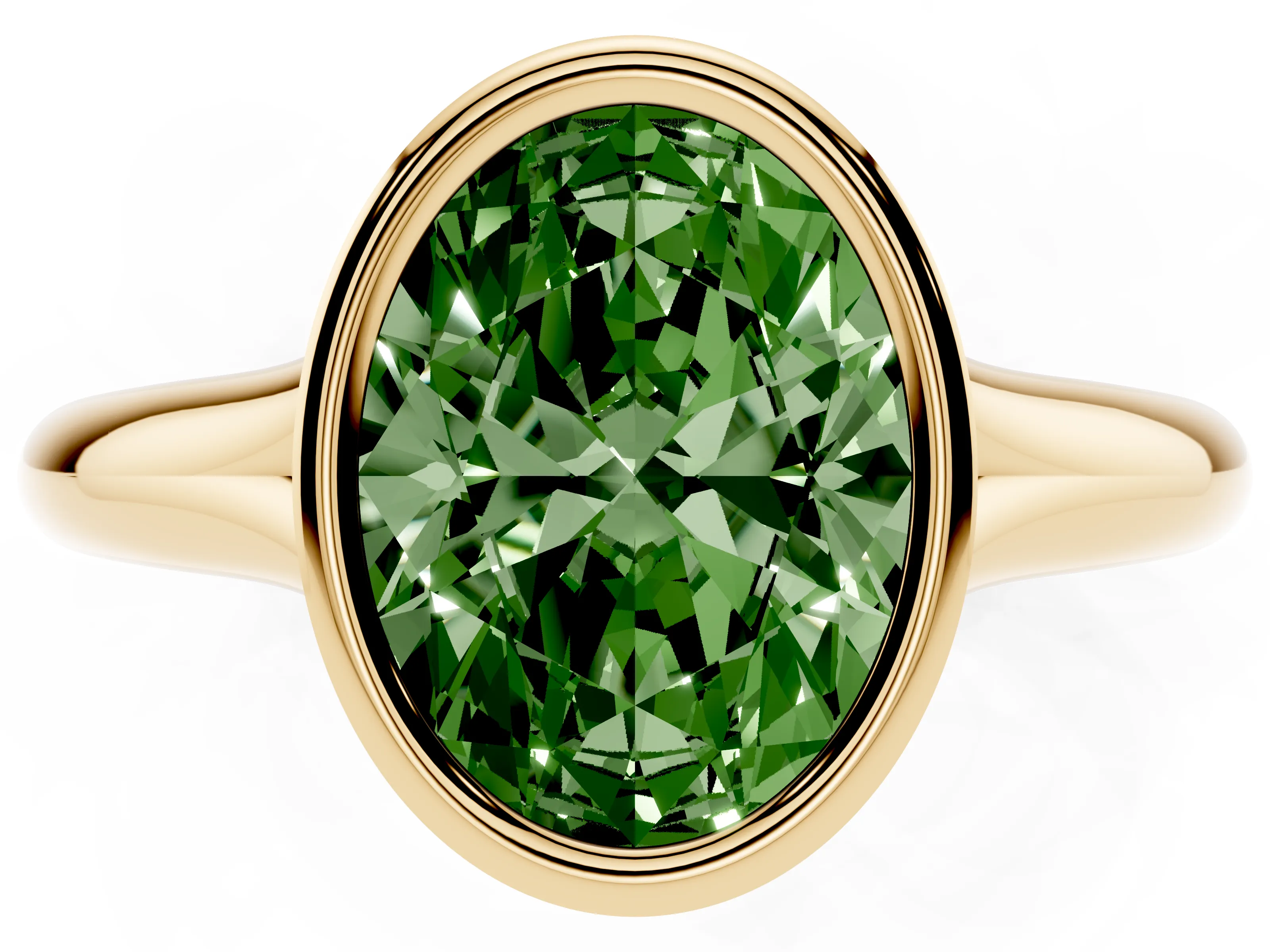 Fancy Green Bezel Set Oval Cut Diamond Solitaire Ring Set in Yellow gold with Smooth Band