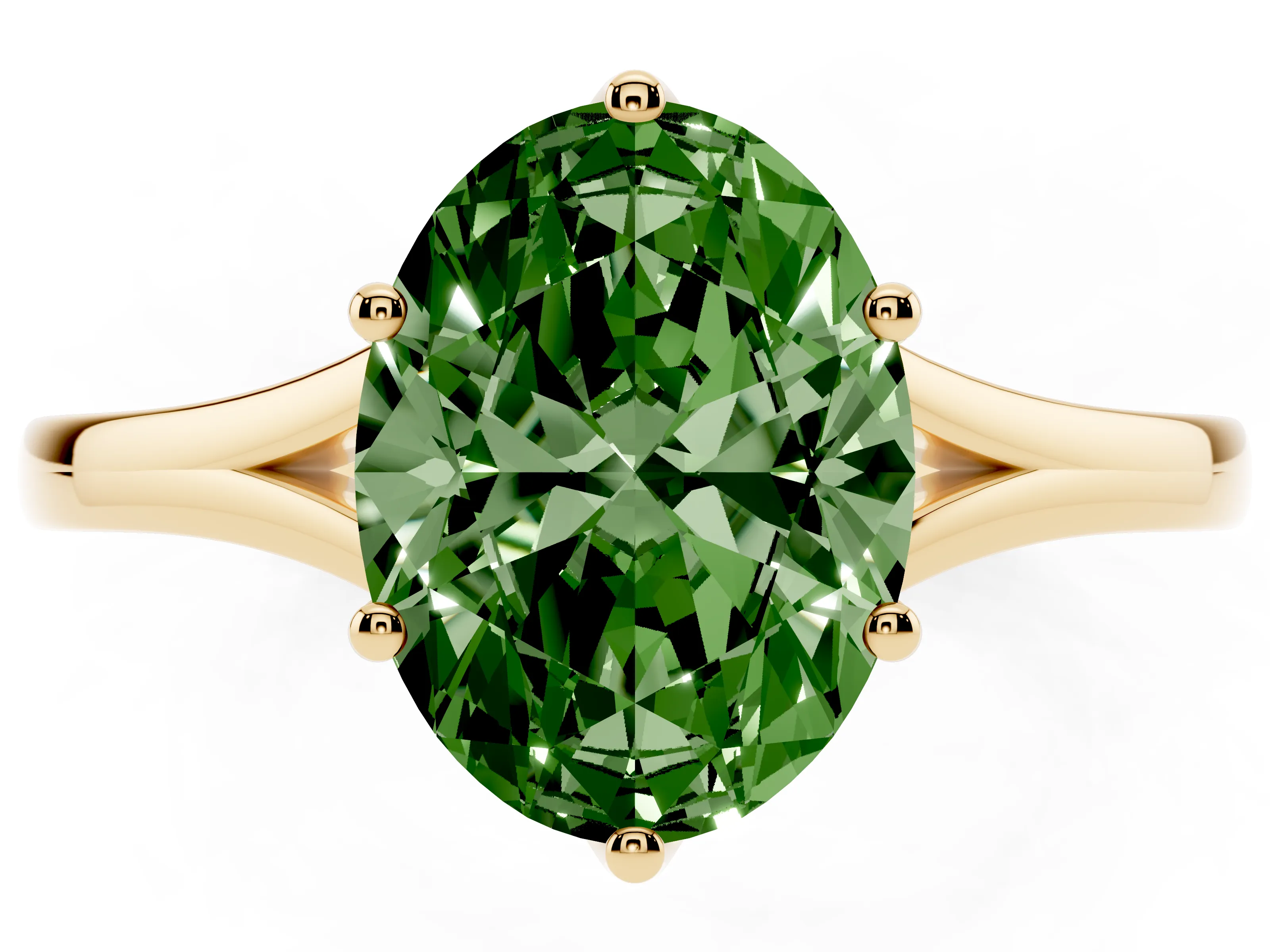 Fancy Green Oval Cut Diamond Solitaire Ring Set in Yellow gold with Polished Tapered Band and Prong Setting