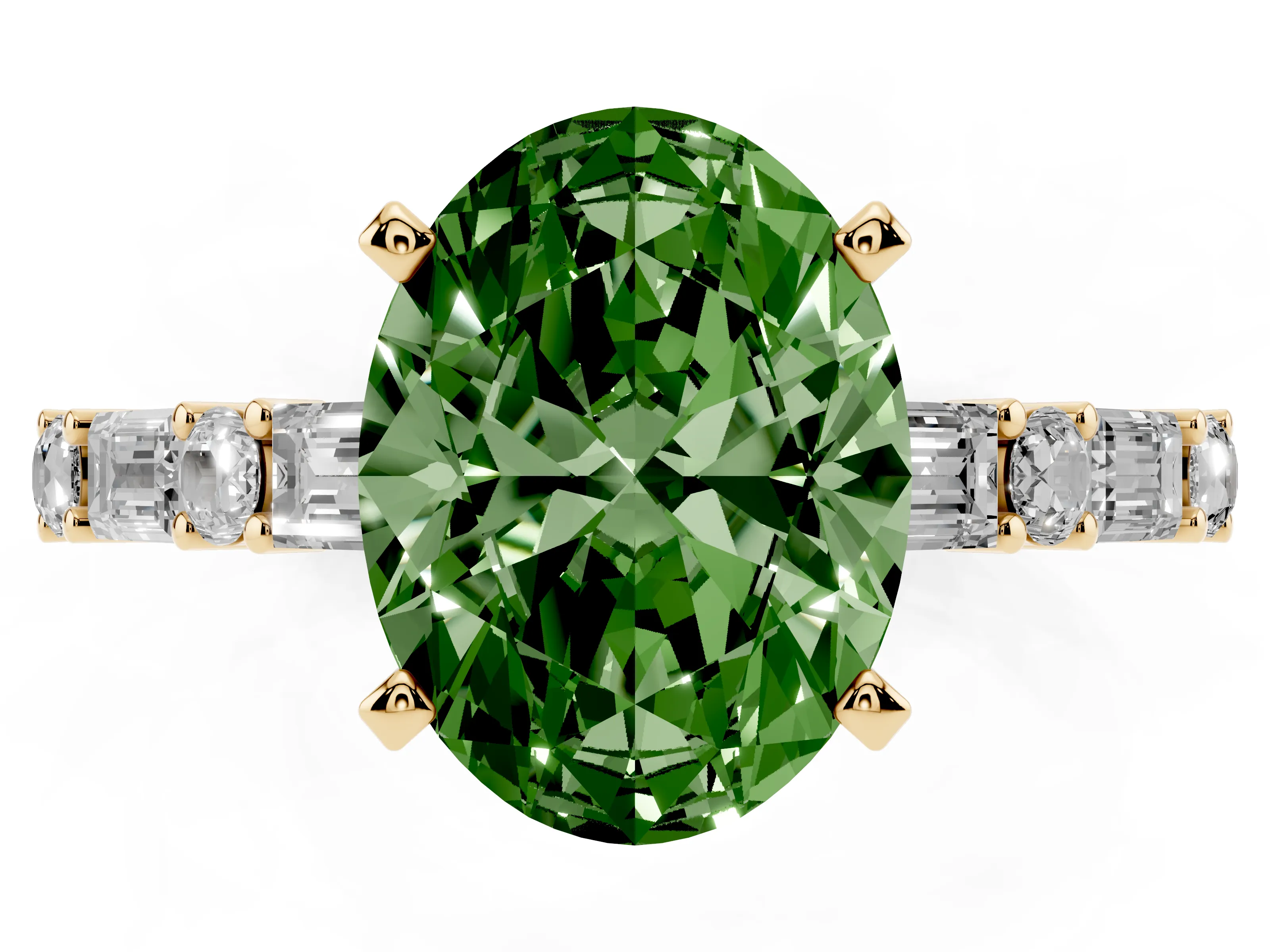 Fancy Green Oval Cut Diamond Solitaire Set in Yellow gold with Side Baguettes and Channel Set Band
