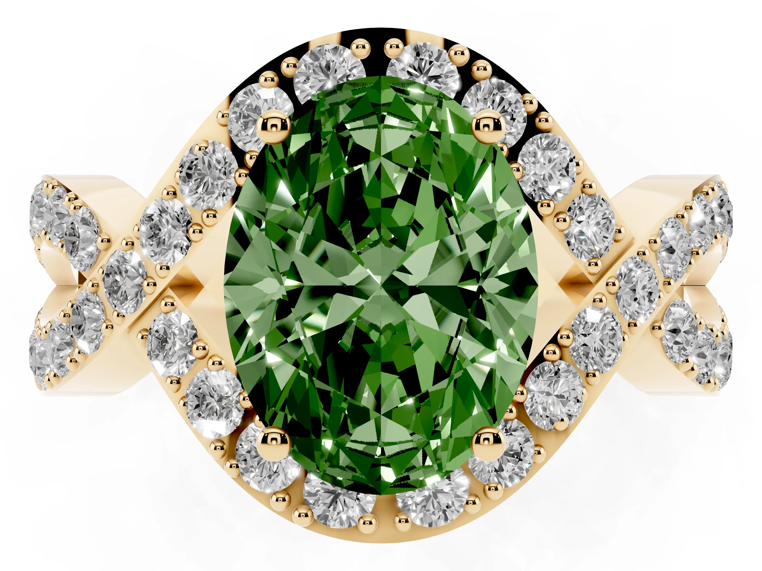 Fancy Green Oval Cut Diamond Solitaire Twist Band Pavé Engagement Ring Set in Yellow gold