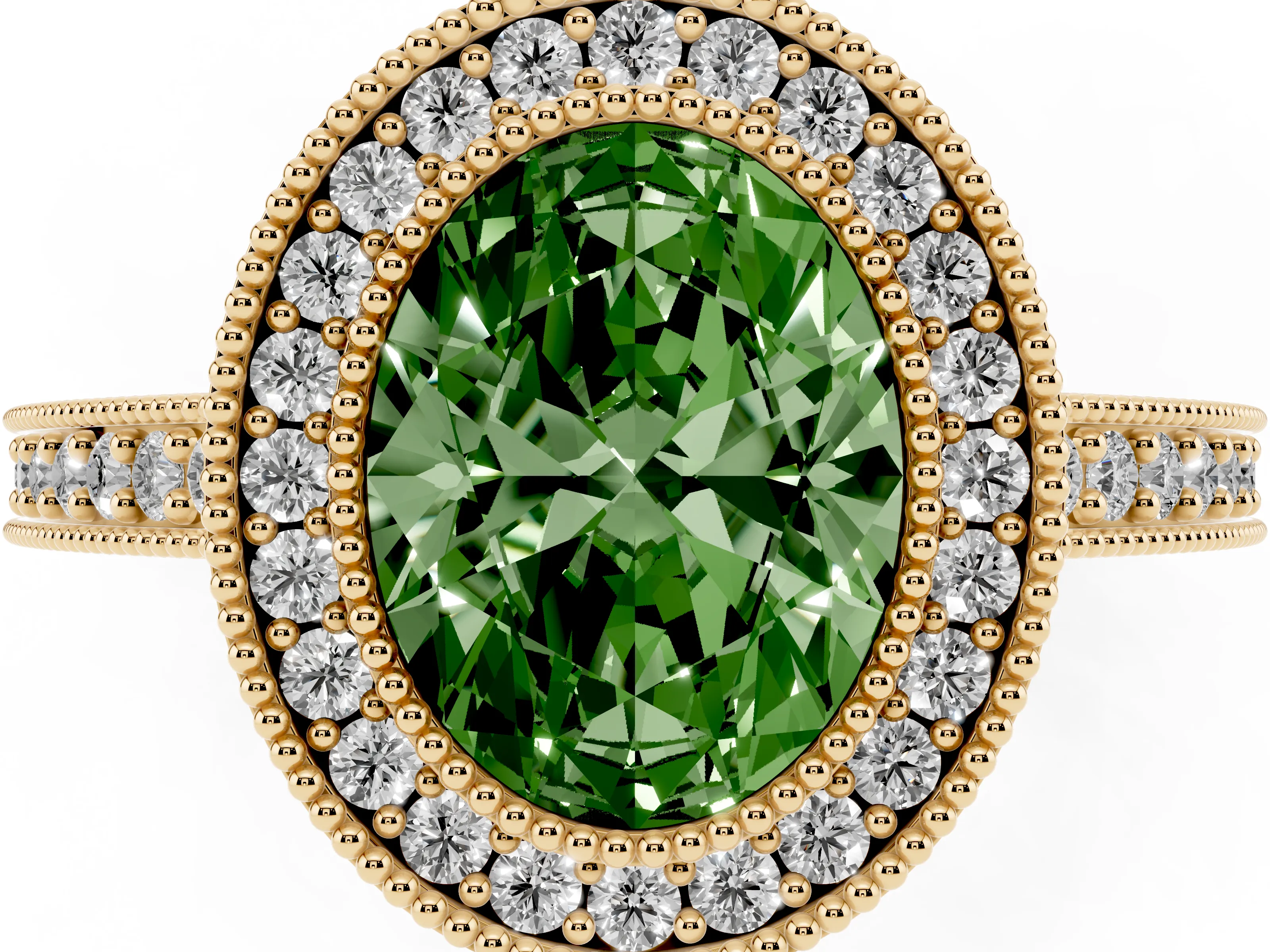 Fancy Green Oval Cut Diamond Halo Engagement Ring Set in Yellow gold with Pavé Band and Round Halo Stones