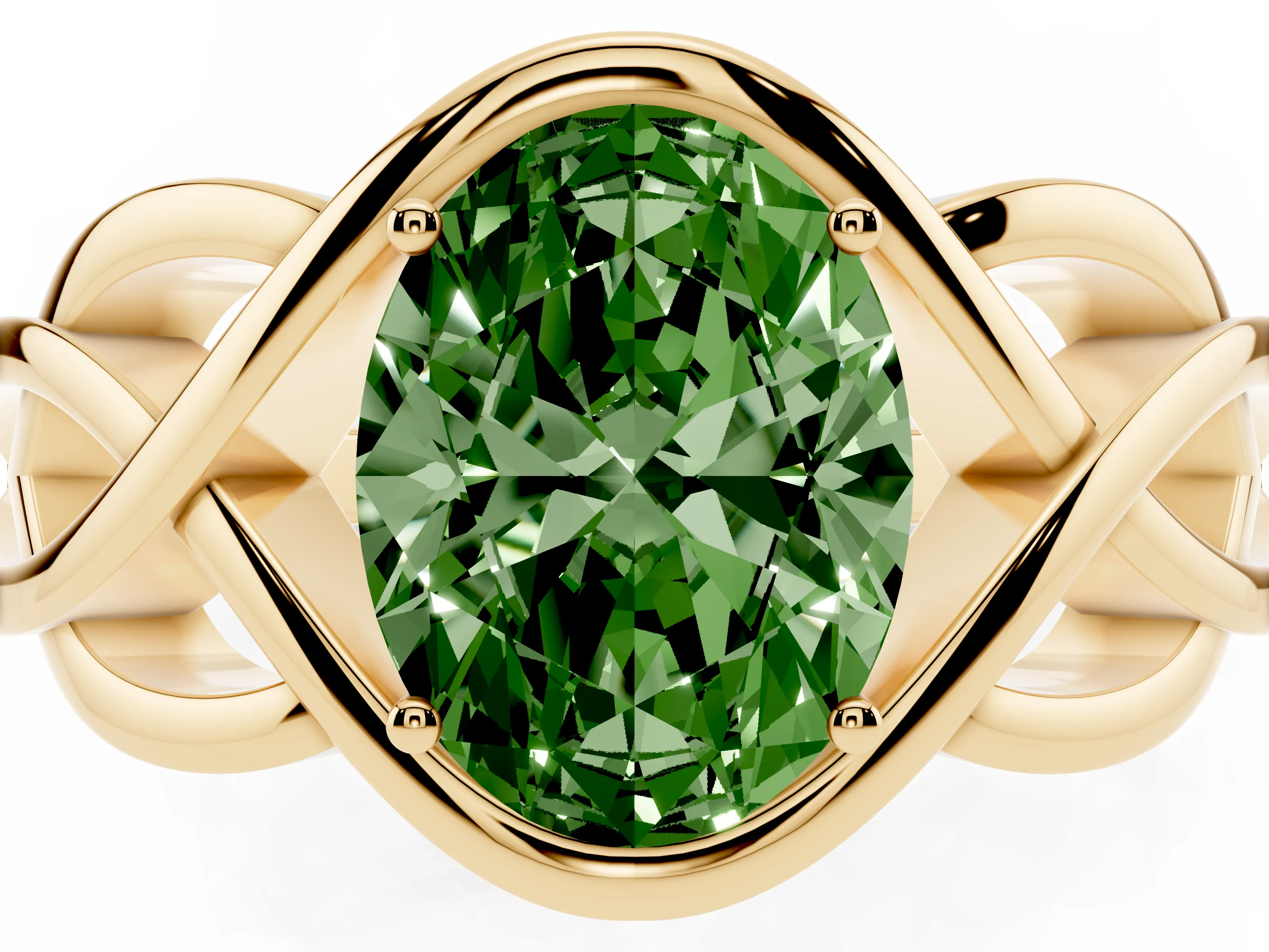 Fancy Green Oval Cut Diamond Solitaire Ring Set in Yellow gold with Intertwined Band