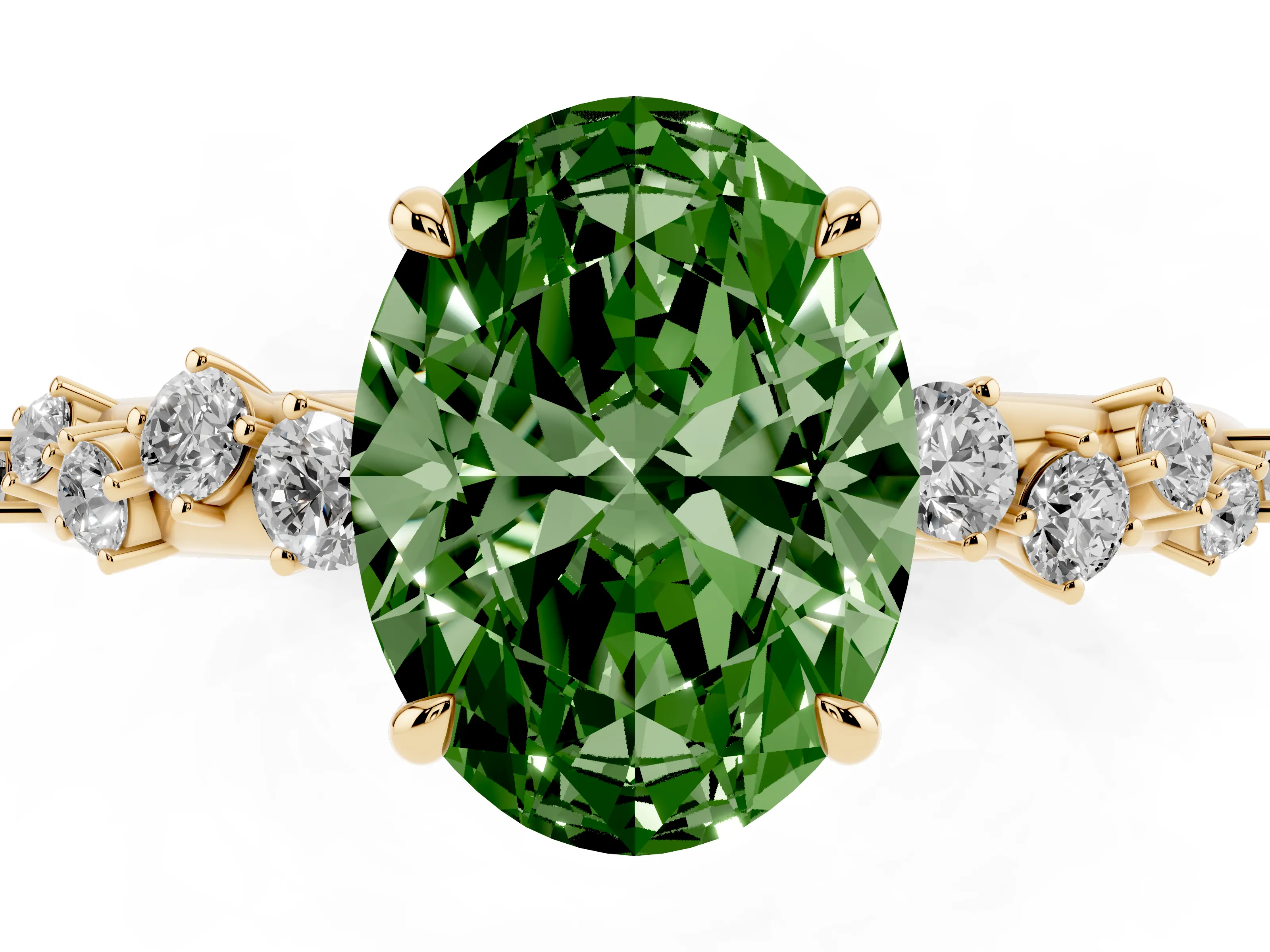 Fancy Green Oval Cut Diamond Cluster Solitaire Ring Set in Yellow gold with Prong Setting