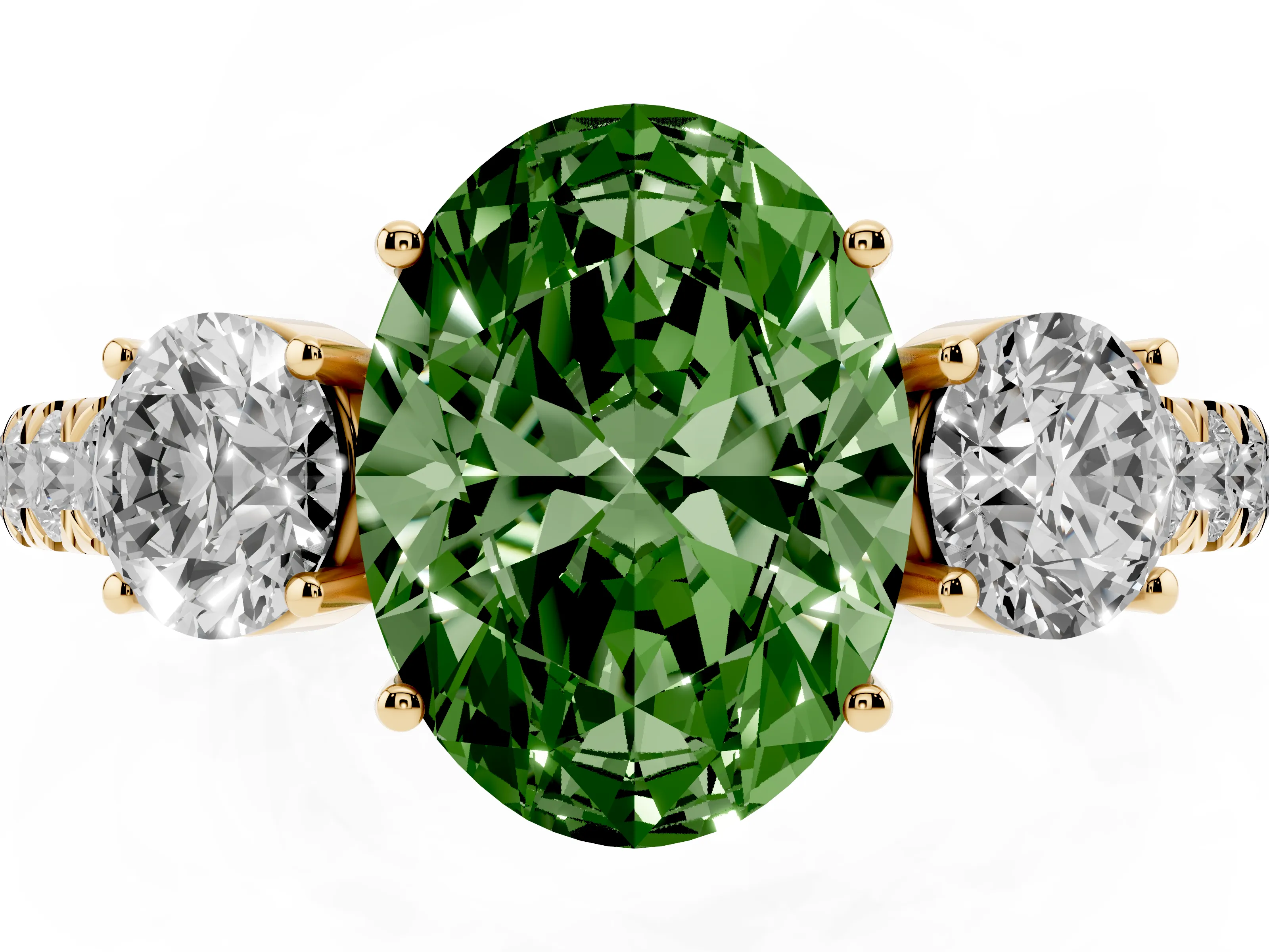 Fancy Green Oval Cut Diamond Three-Stone Ring Set in Yellow gold with Round Side Stones and Delicate Pavé Band