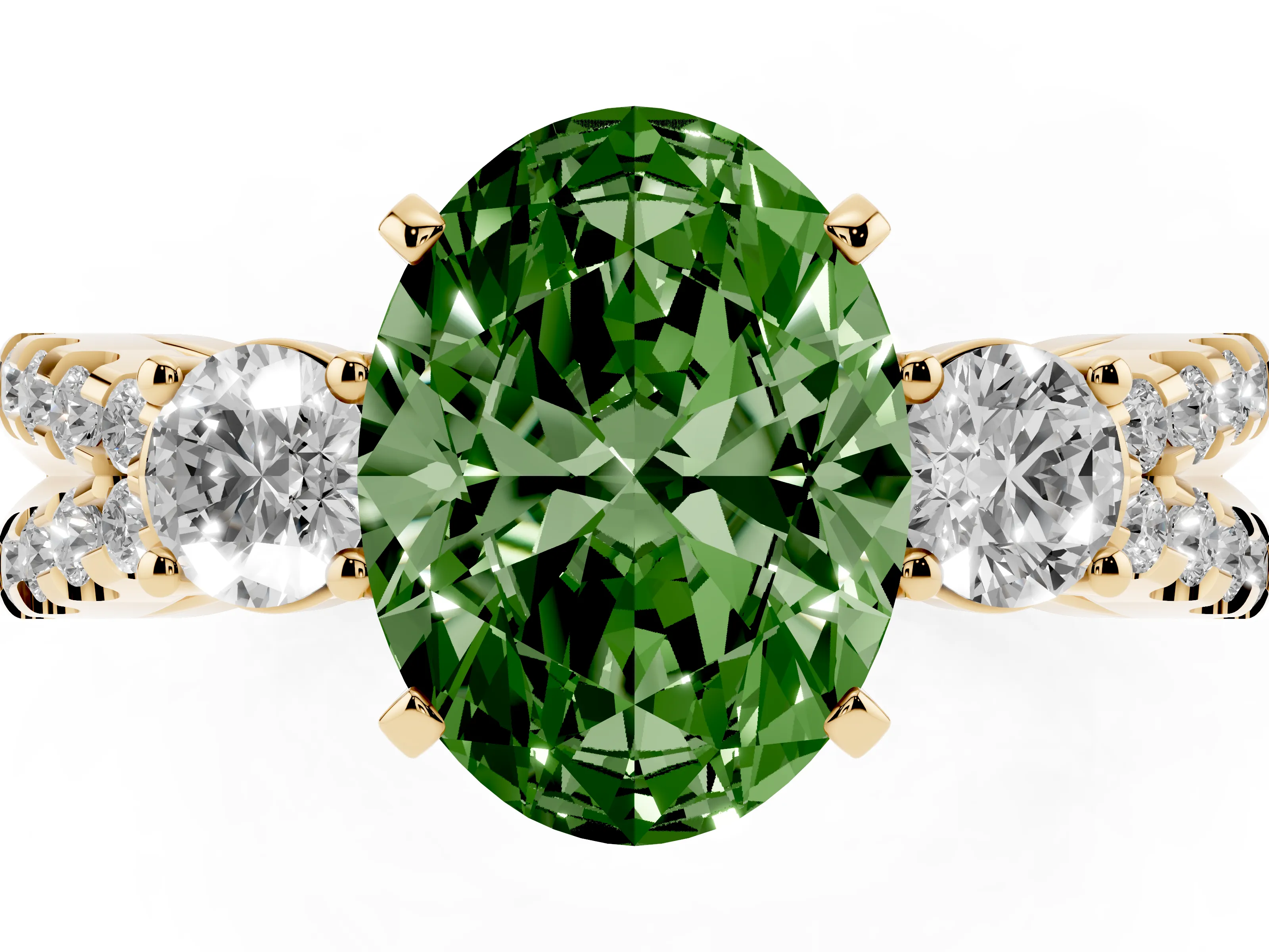 Fancy Green Oval Cut Diamond Three-Stone Ring Set in Yellow gold with Pavé Split Shank and Prong Setting