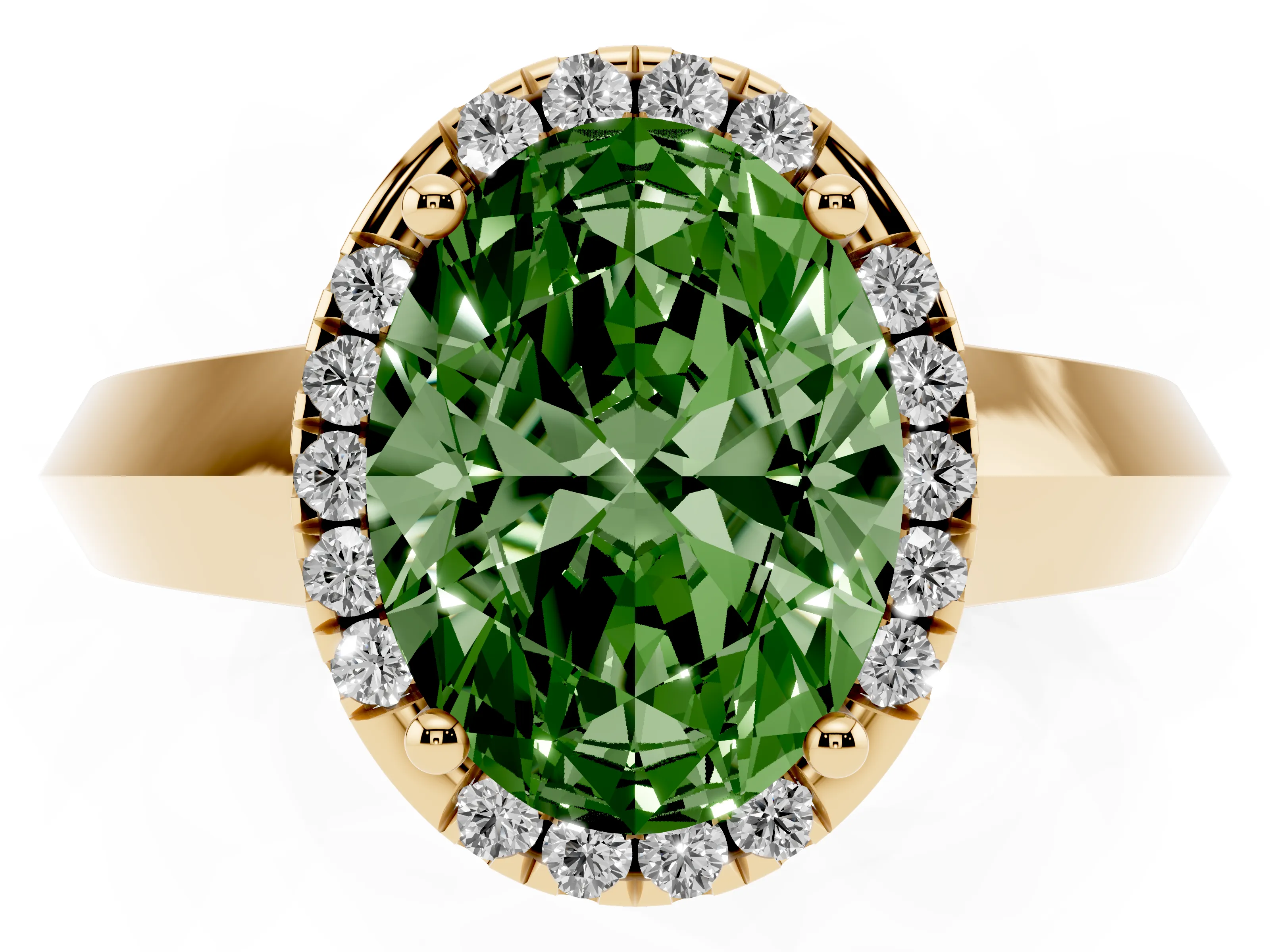 Fancy Green Oval Cut Diamond Halo Ring Set in Yellow gold with Cathedral Band and Prong Setting