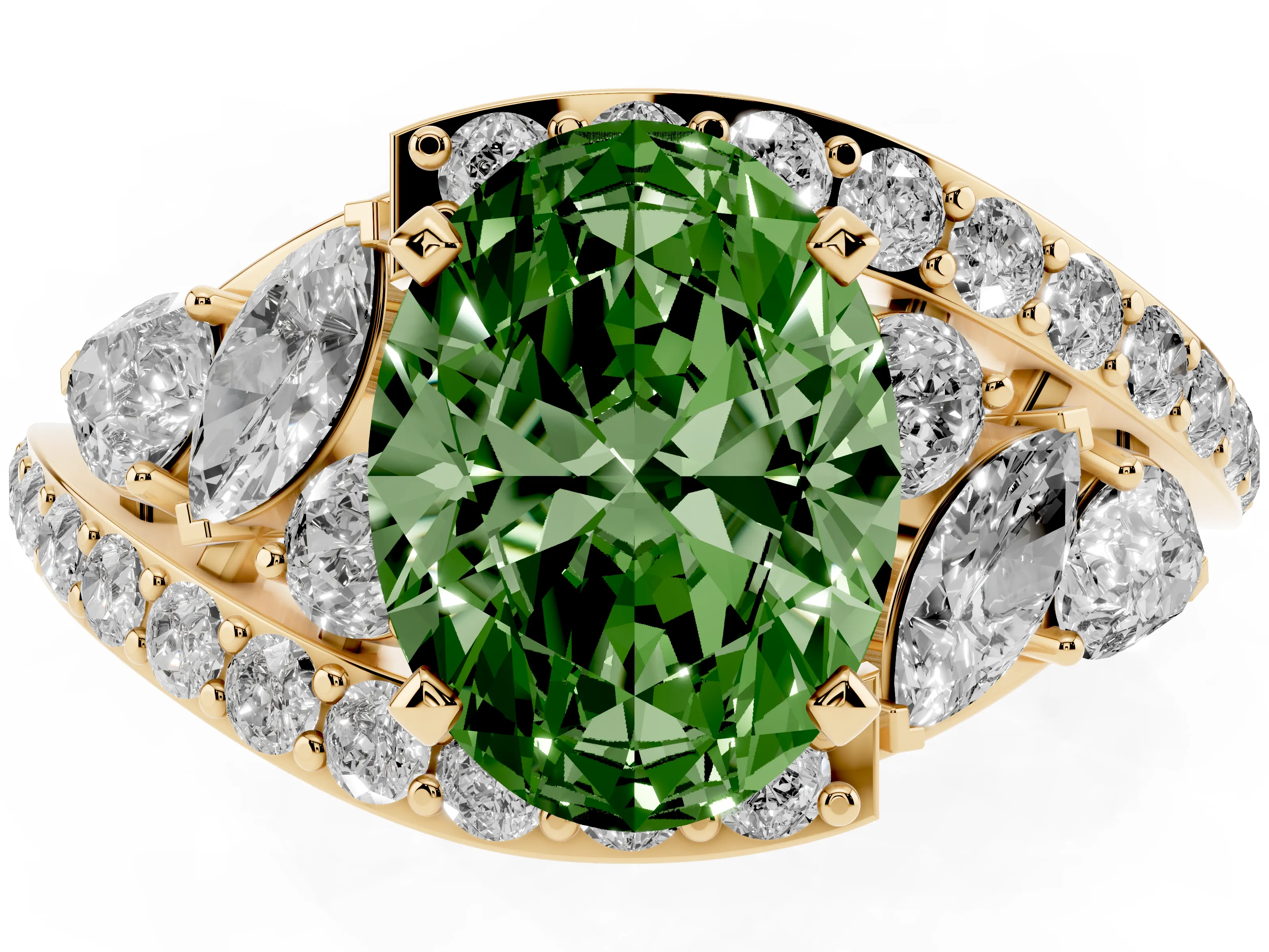 Fancy Green Oval Cut Diamond Halo Ring Set in Yellow gold with Marquise and Pavé Band in Prong Setting