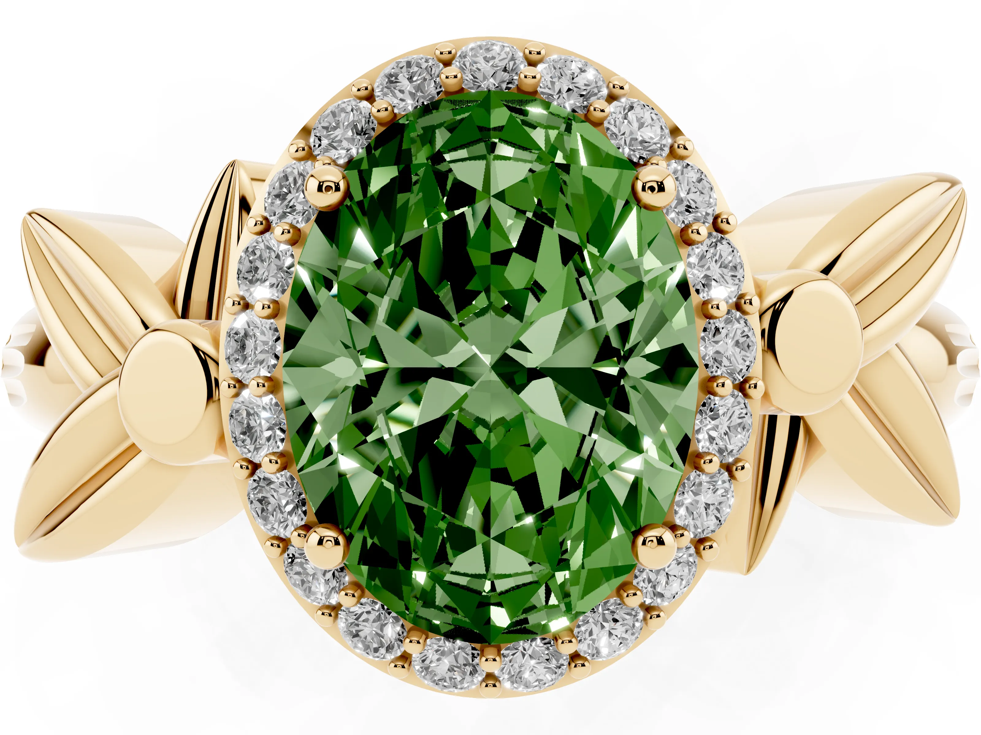 Fancy Green Oval Cut Diamond Halo Floral Band Ring Set in Yellow gold with Prong Setting
