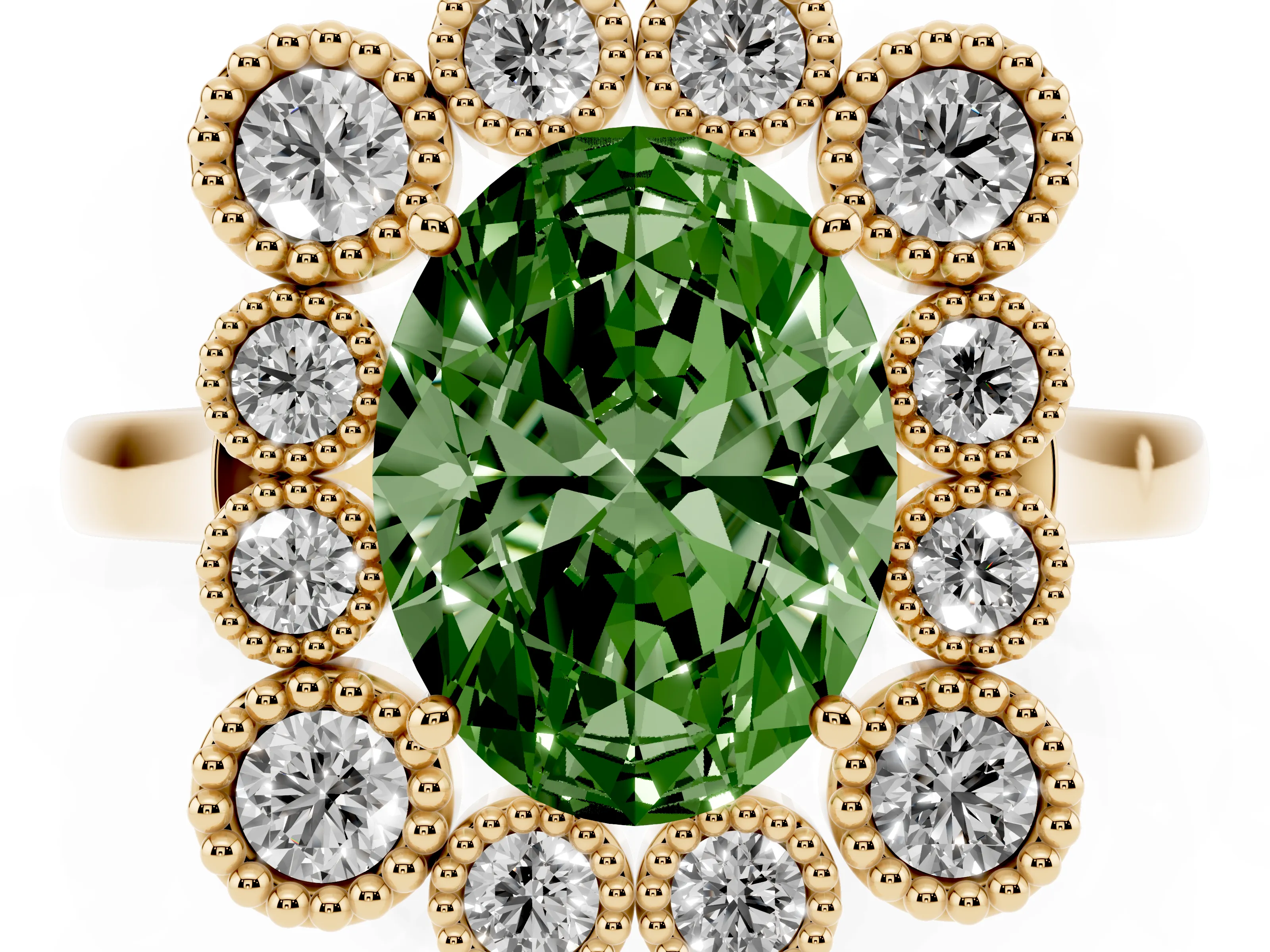 Fancy Green Oval Cut Diamond Cluster Halo Ring Set in Yellow gold with Milgrain Bezel Accents and Plain Band